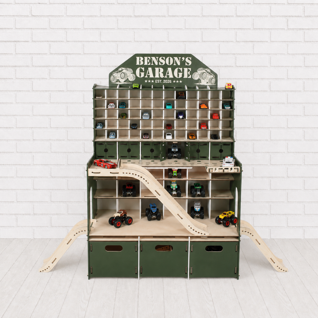 Kronus Olive wooden toy car garage with drawers — made to order in Warsaw, three to seven days production