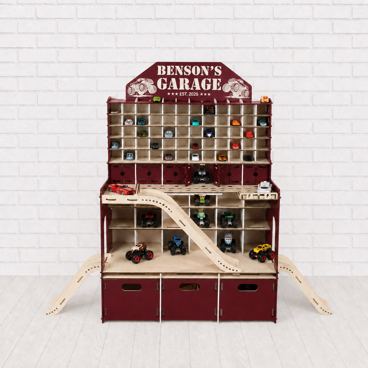 Kronus Wine wooden toy car garage — furniture palette, not toy palette