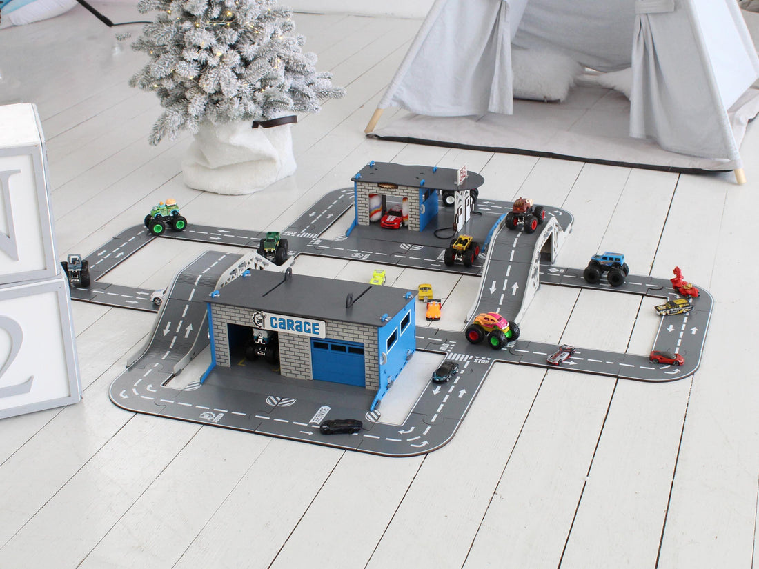 Modular wooden Montessori car track puzzle — open-ended play that rebuilds into a different layout every session