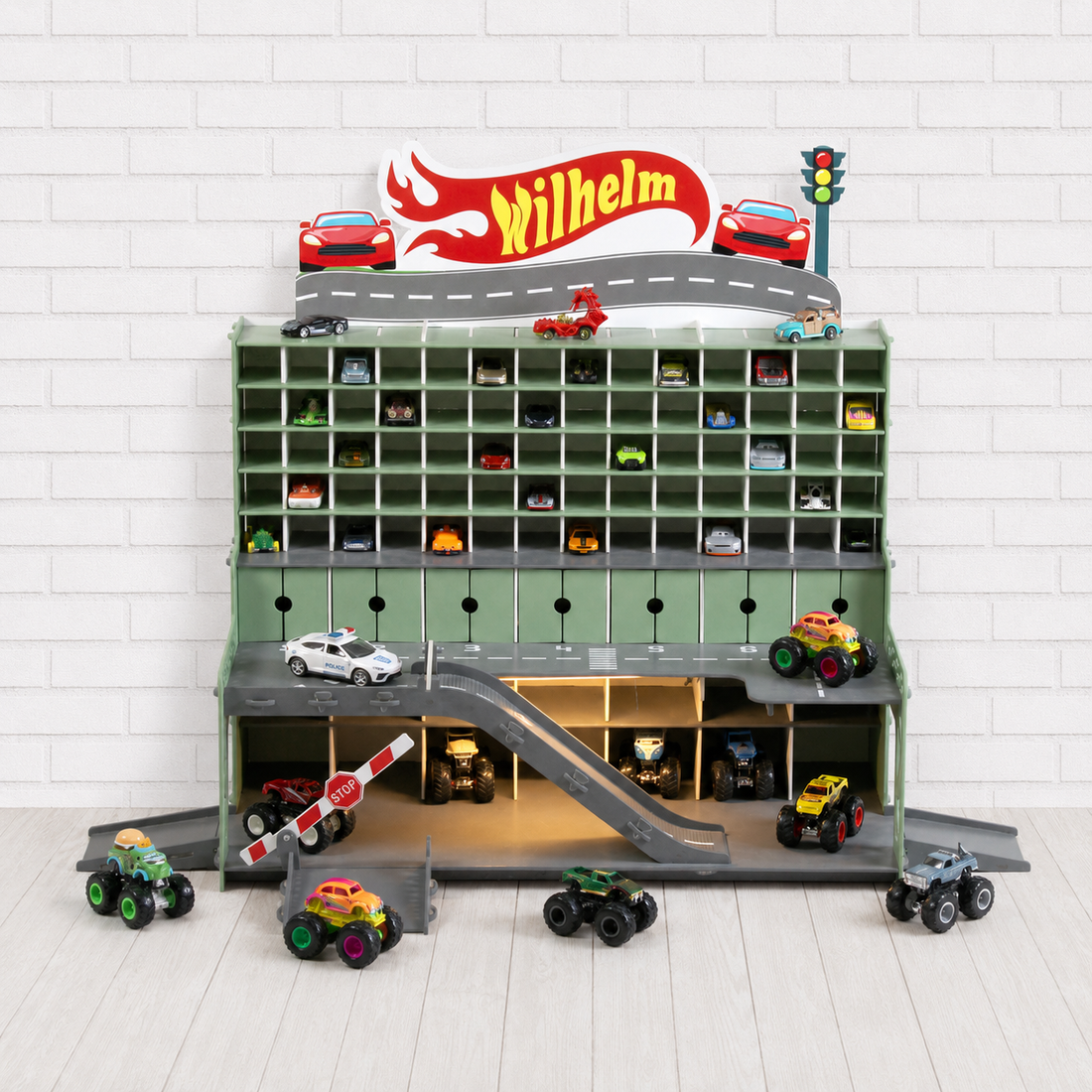 Mint 91-slot personalized wooden toy car garage — the display solution that empties the floor without instructions