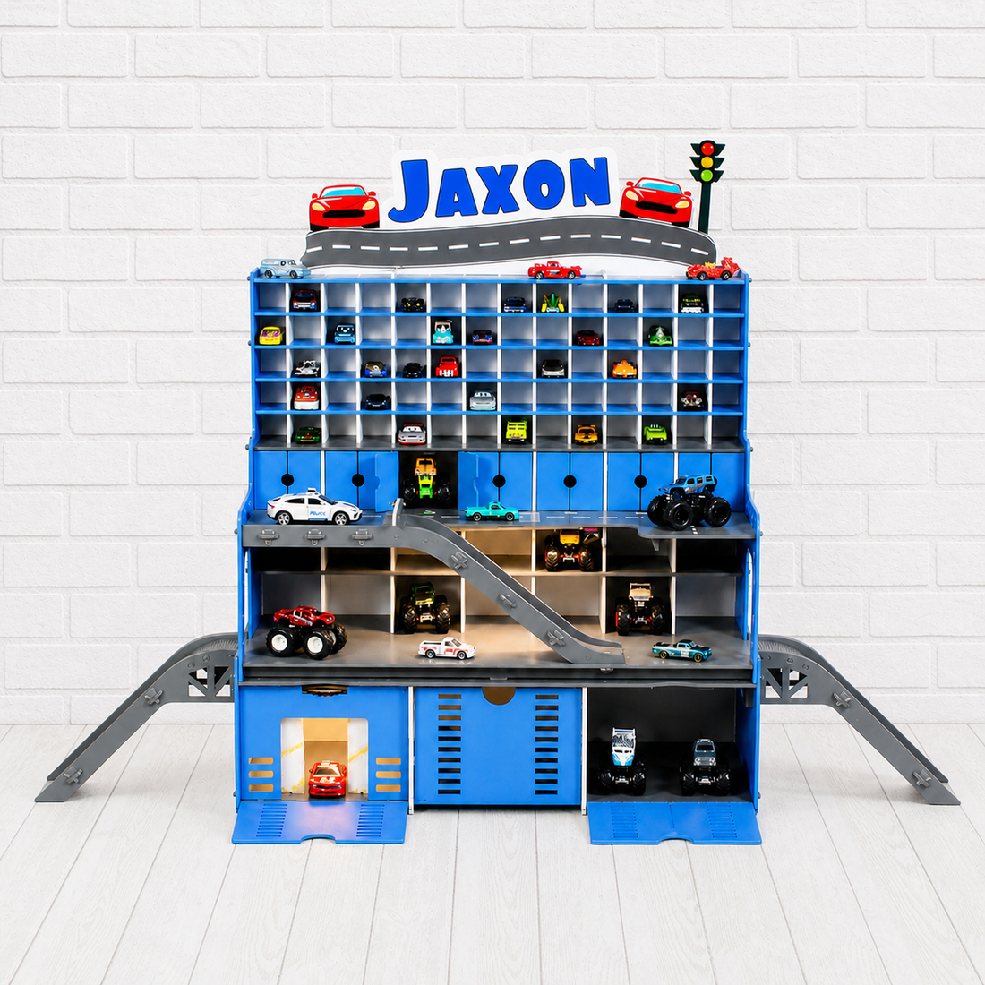 Sky blue 94-slot wooden toy car garage with dual ramps and integrated car wash
