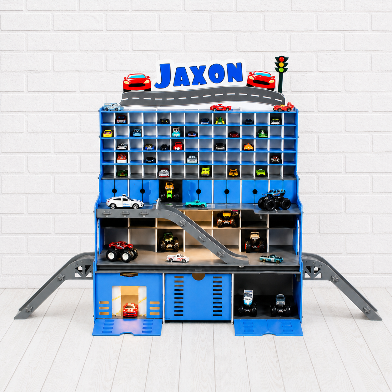 Sky Blue Neptune 94-slot wooden toy car garage with car wash and dual LED lights — Stage 03