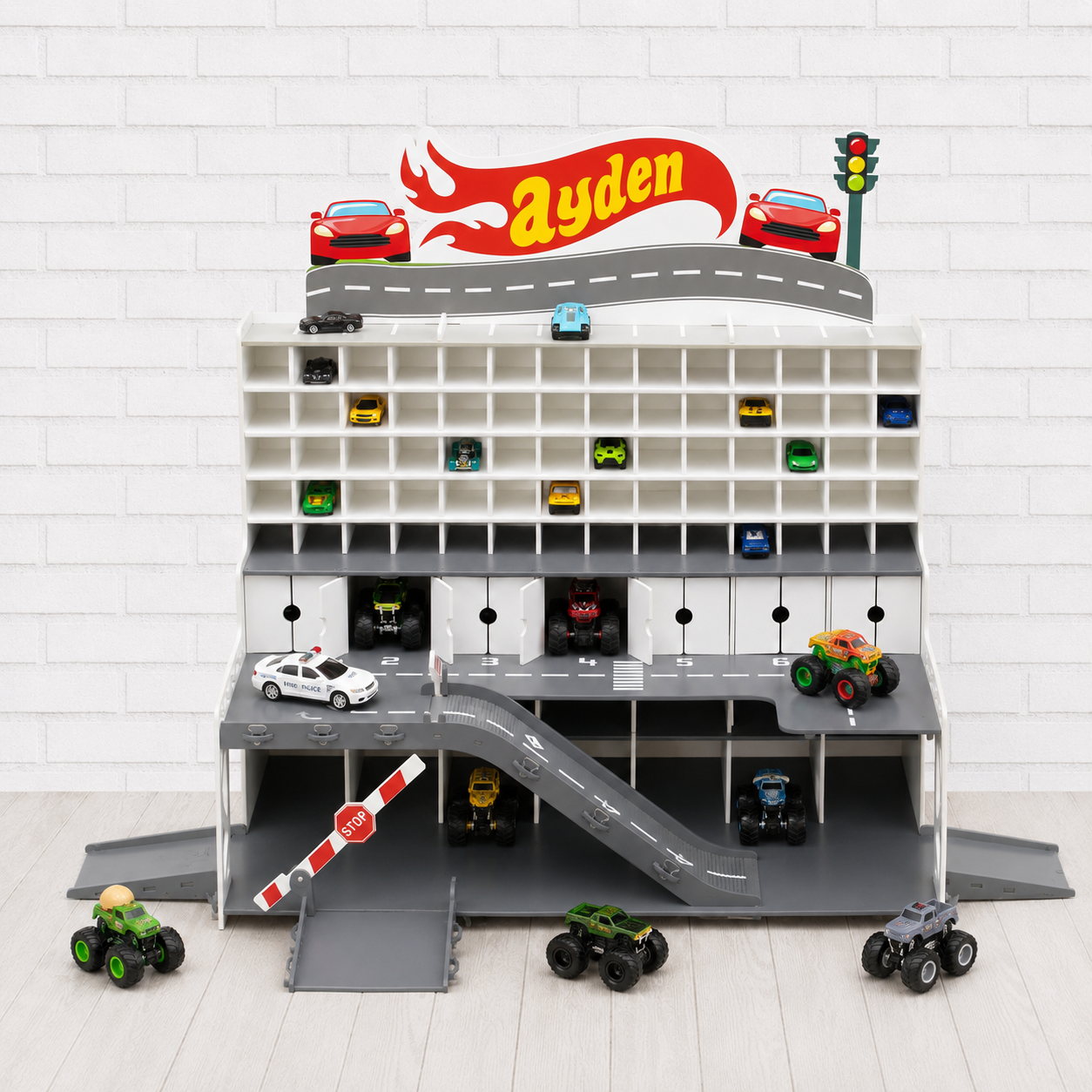 White Arkiv 91-slot personalized wooden toy car garage — the honest fix for the Hot Wheels mess