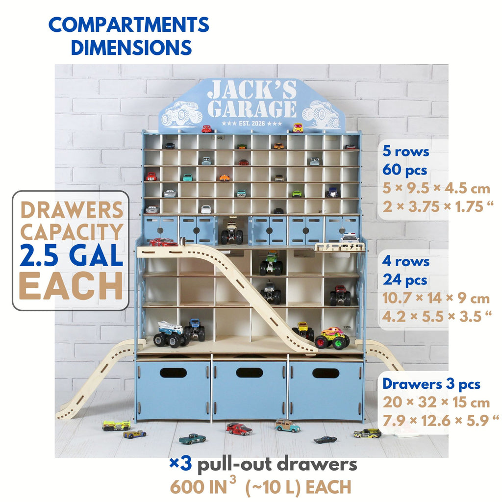 Garage for Hotwheels & Matchbox with Drawers & Nameplate