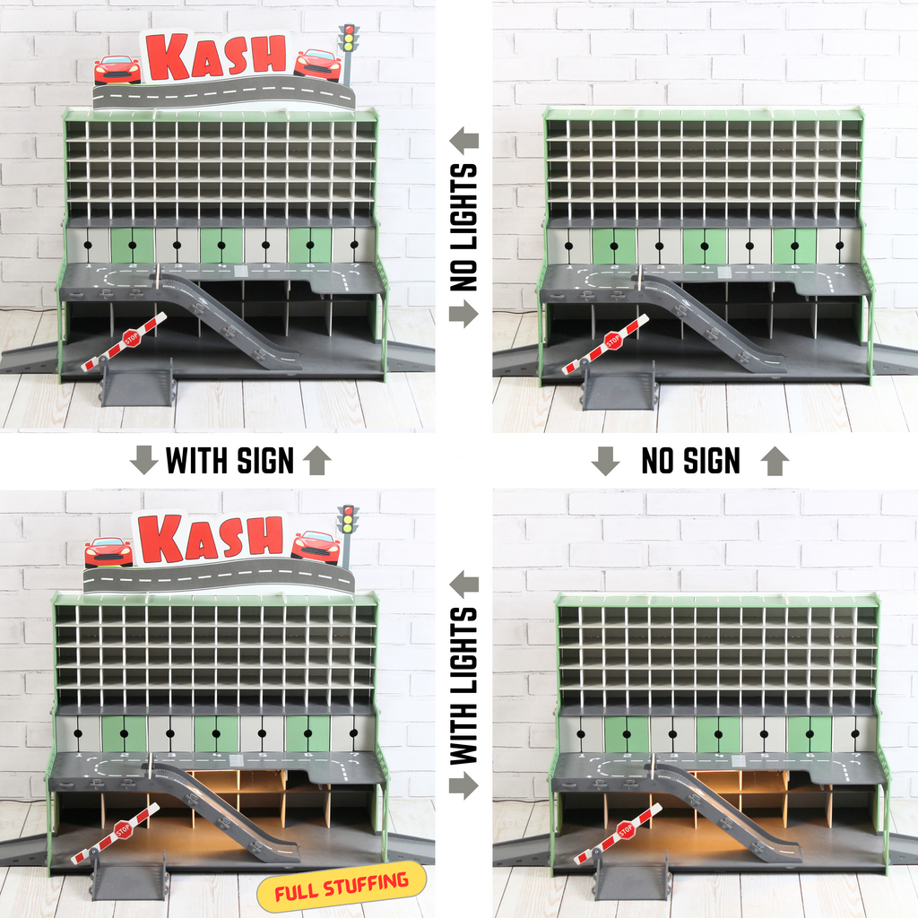Product option image showing toy car garage with sign, no sign, LED lighting and full setup choices