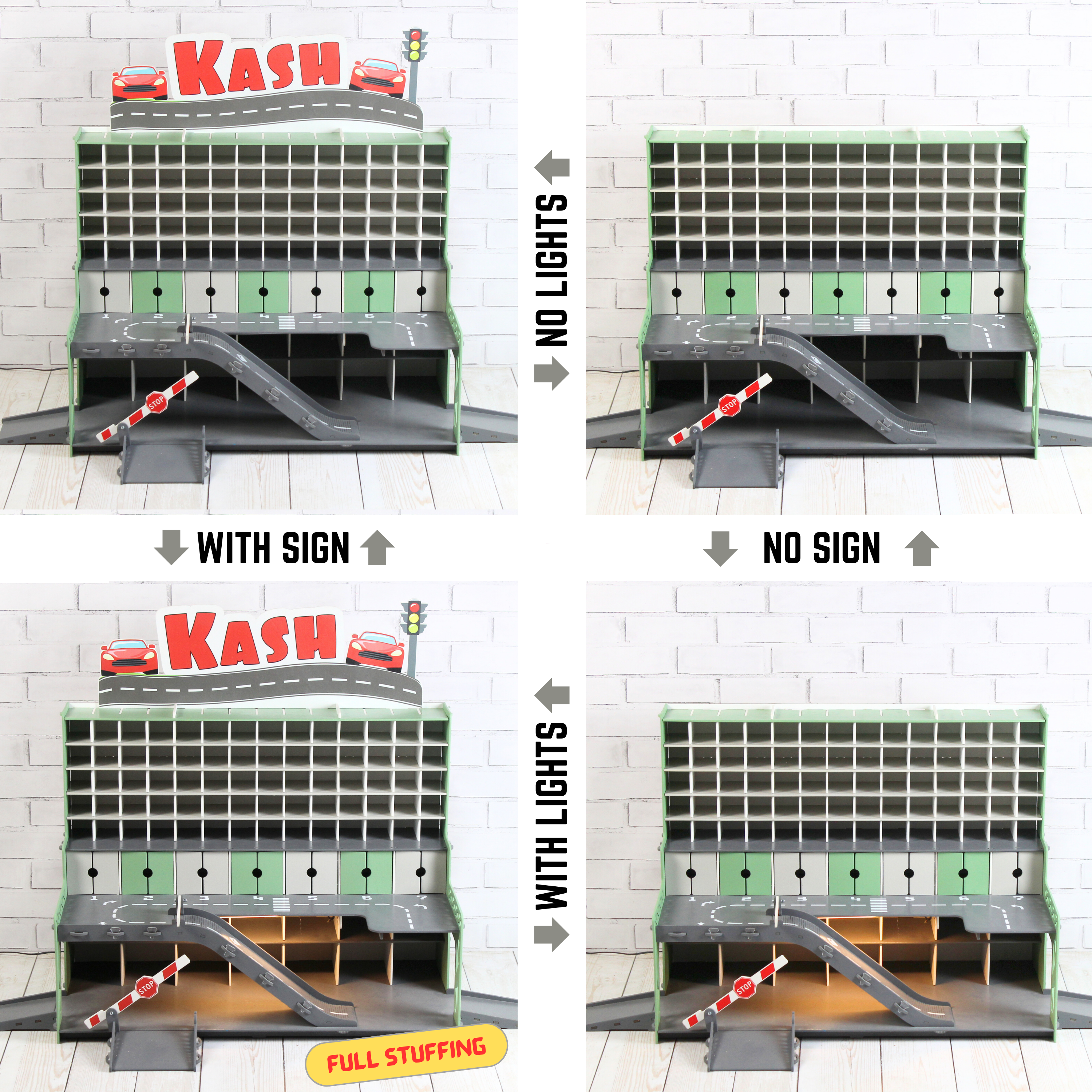 Product option image showing toy car garage with sign, no sign, LED lighting and full setup choices