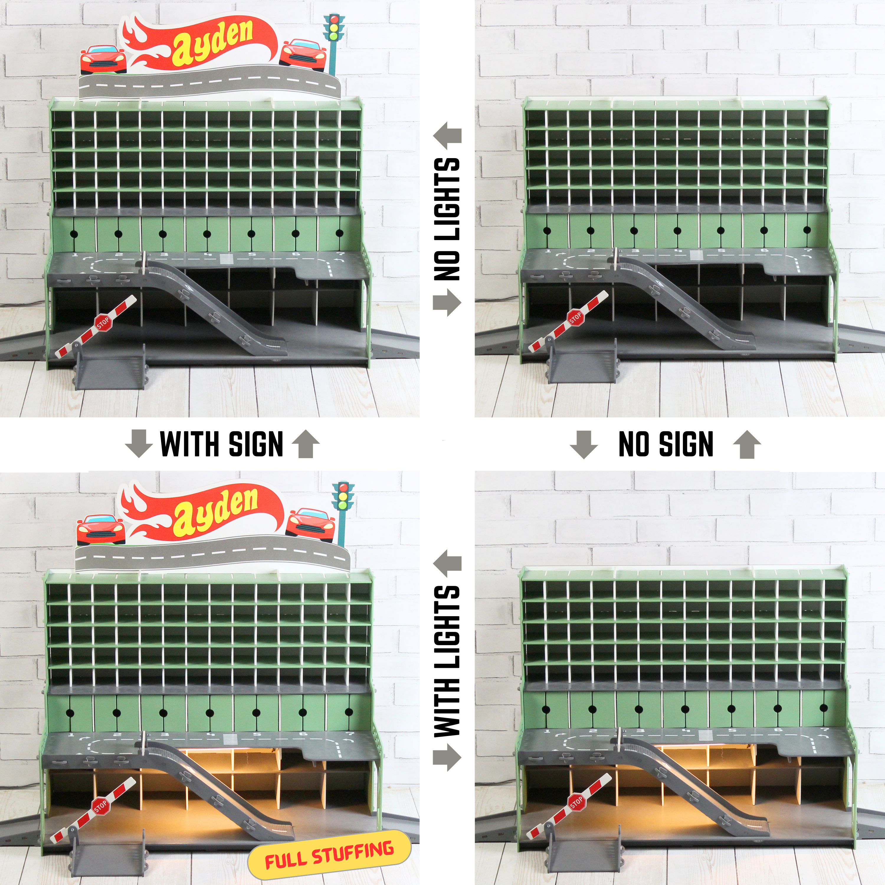 Yellow Wooden Toy Car Garage 91 Slots | 1:64 Scale Storage with LED & Custom Name