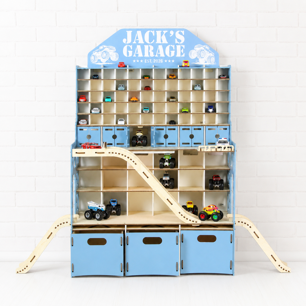 Garage for Hotwheels & Matchbox with Drawers & Nameplate
