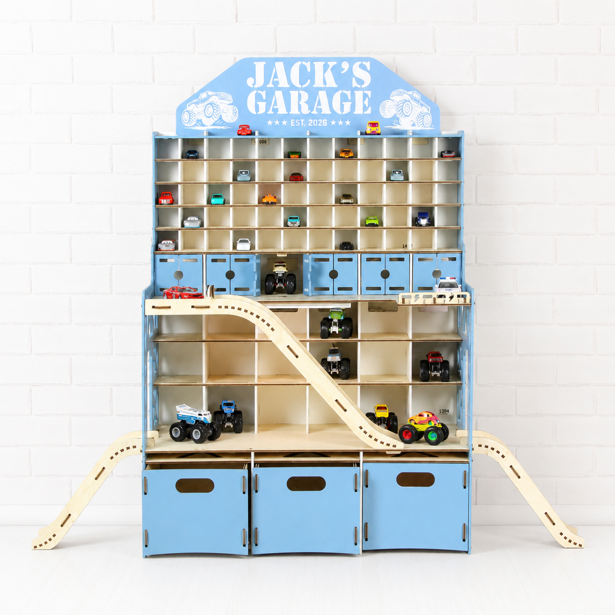 Garage for Hotwheels & Matchbox with Drawers & Nameplate