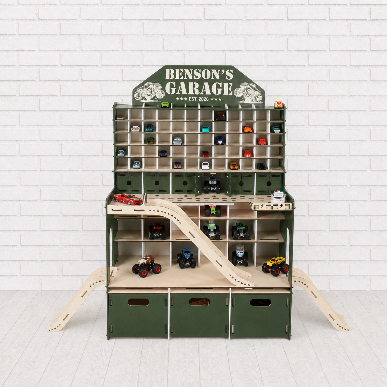 Wooden Toy Car Garage Organizer for Hotwheels with Drawers
