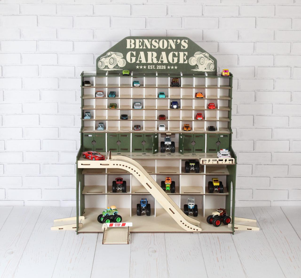 Full view of smaller wooden toy car garage with ramps, LED lights and display shelves
