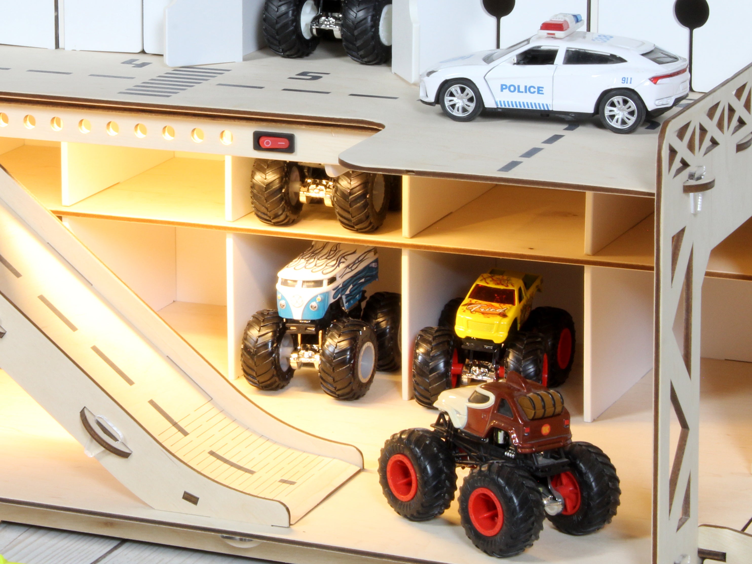 Ready-Made Wooden Toy Car Garage 91 Slots | Birch, LED Lights – Ships in 1-2 Days