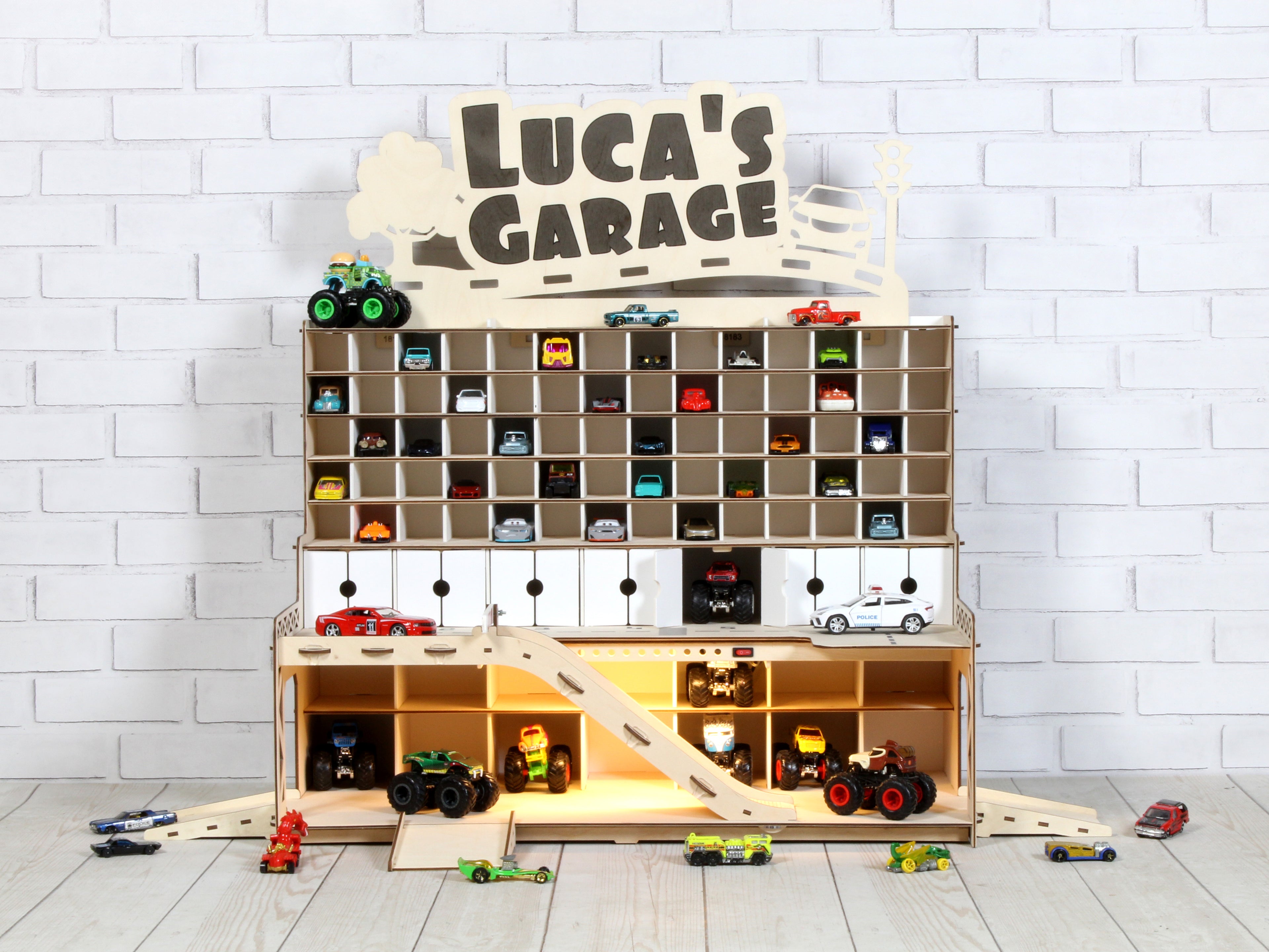Ready-Made Wooden Toy Car Garage 91 Slots | Birch, LED Lights – Ships in 1-2 Days