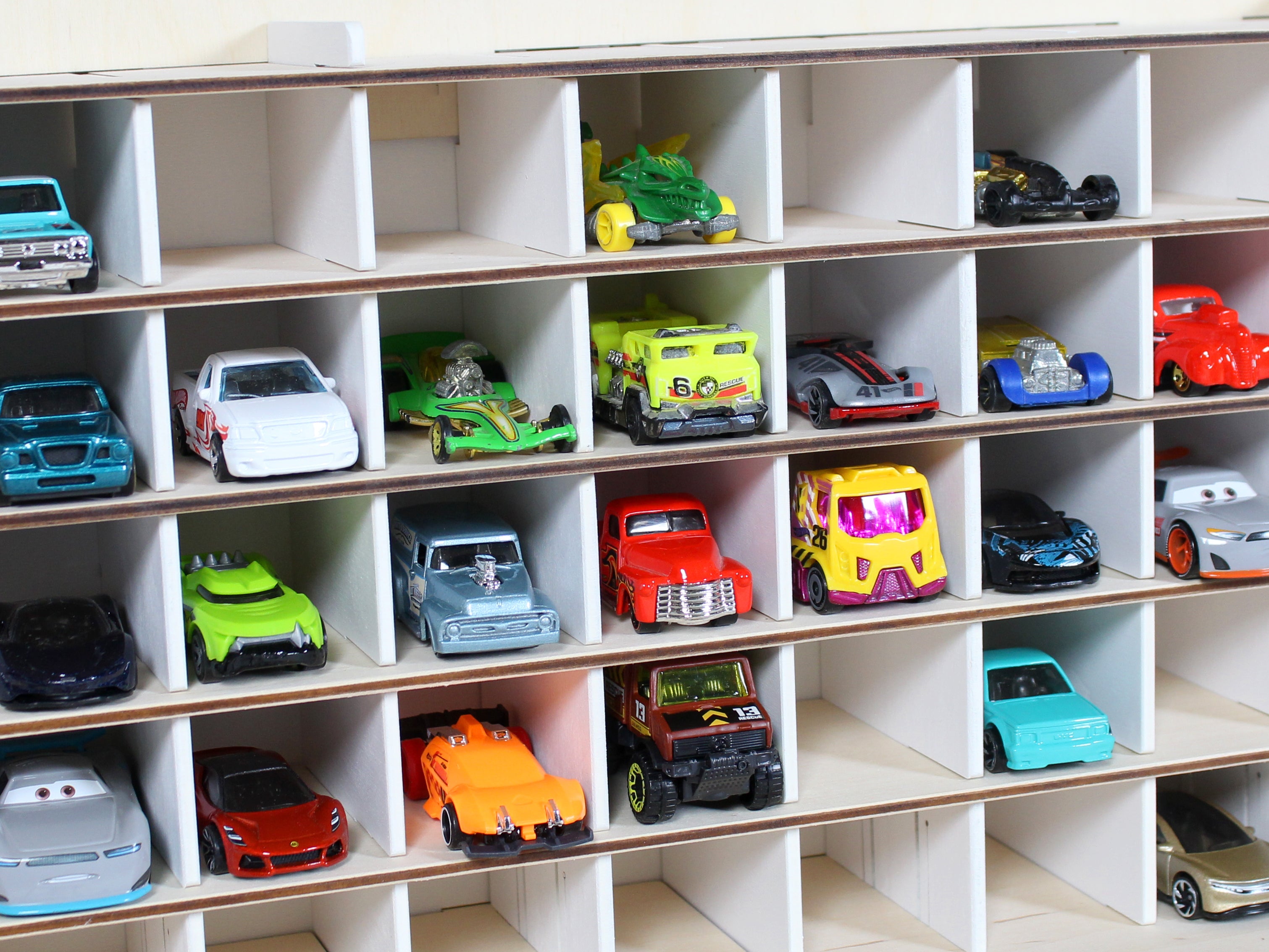 Ready-Made Birch Wooden Toy Garage 94 Slots | LED, Car Wash & Nameplate Included