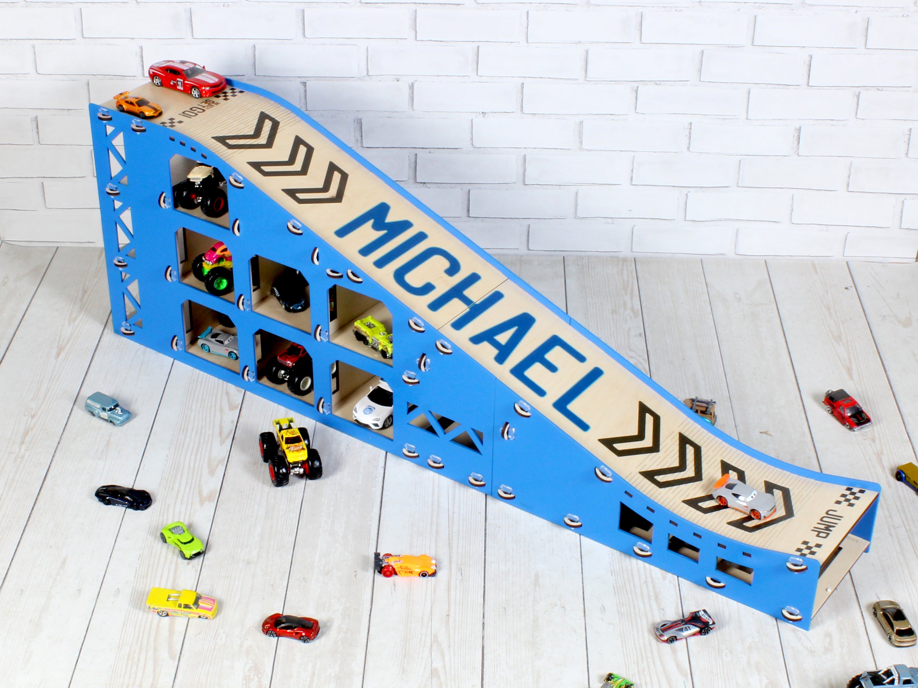 Personalized Blue Wooden Toy Car Ramp | 1:64 Scale Kids Race Track with Storage