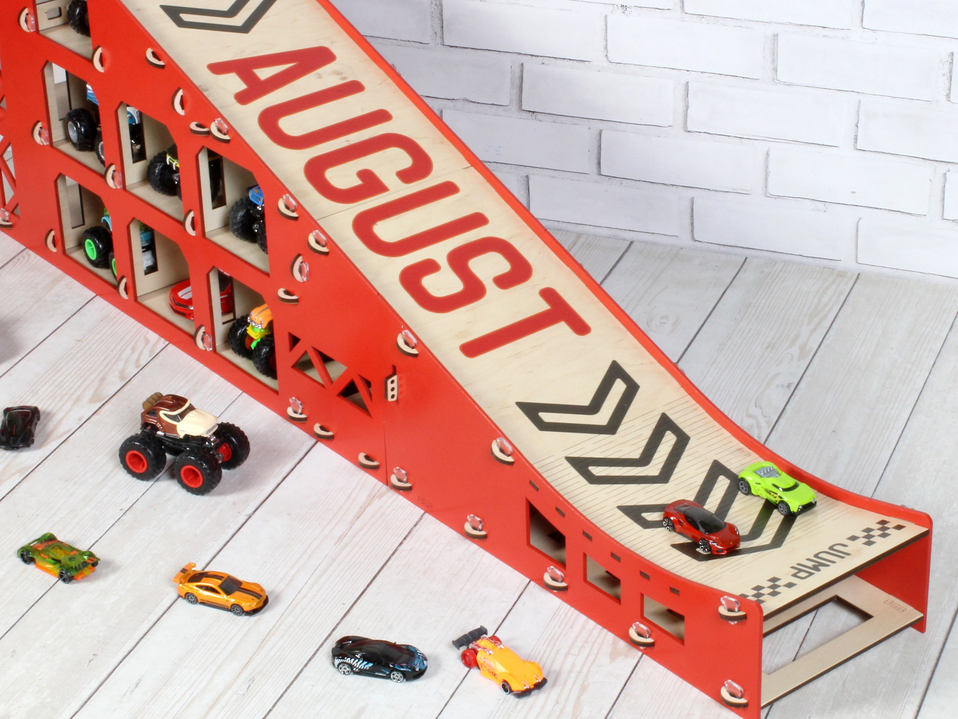 Personalized Red Wooden Toy Car Ramp | 1:64 Scale Kids Race Track with Storage