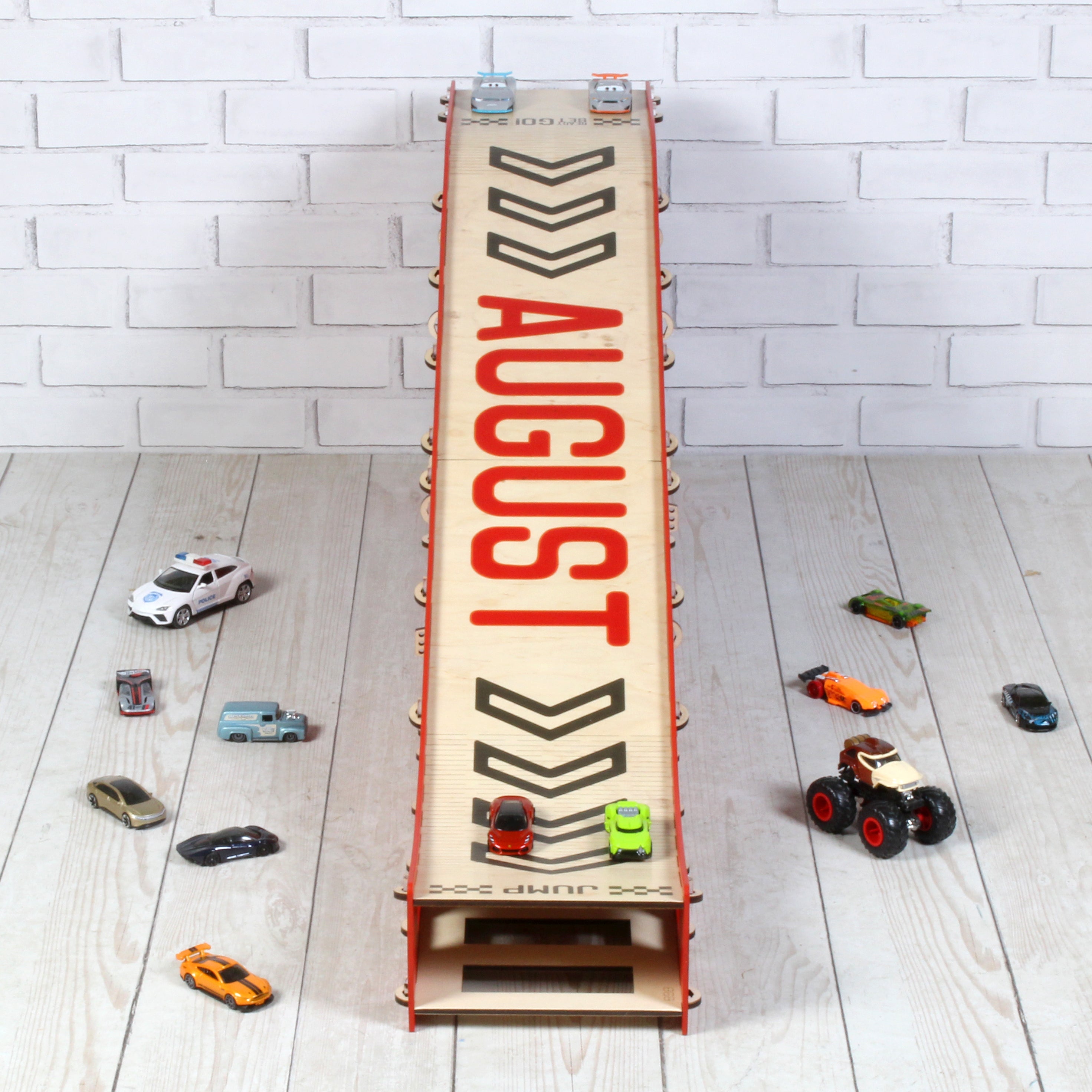 Personalized Red Wooden Toy Car Ramp | 1:64 Scale Kids Race Track with Storage
