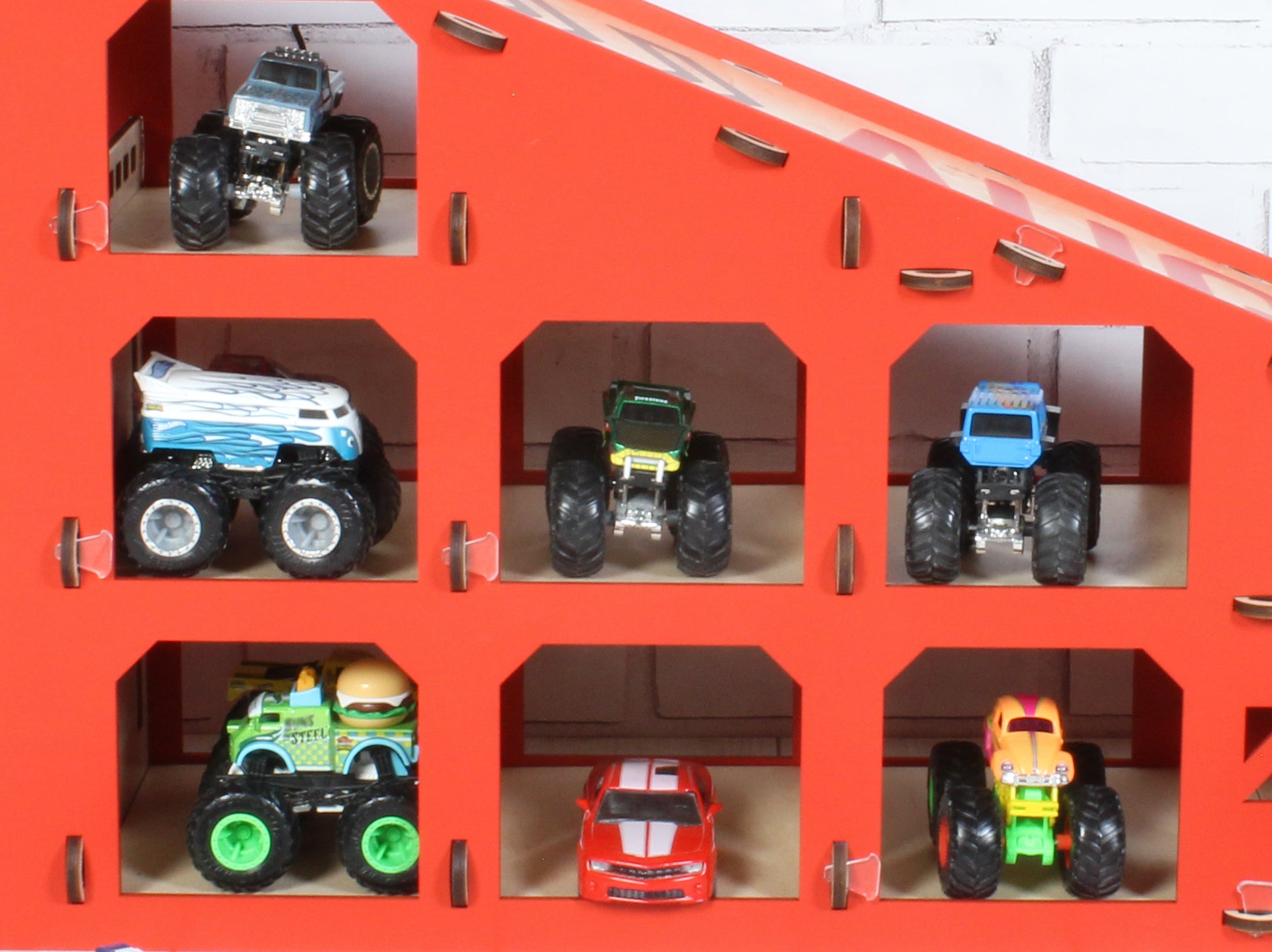 Personalized Red Wooden Toy Car Ramp | 1:64 Scale Kids Race Track with Storage