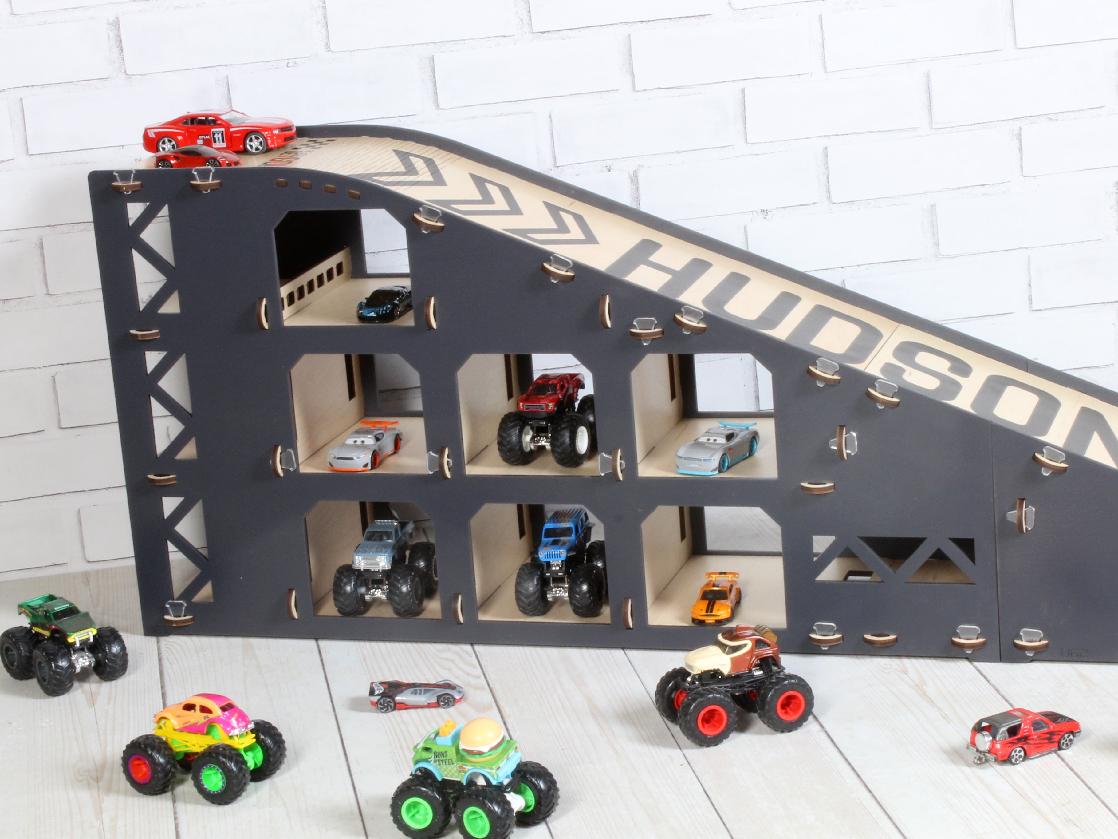 Personalized Wooden Toy Car Ramp | 1:64 Scale Kids Race Track & Storage Organizer