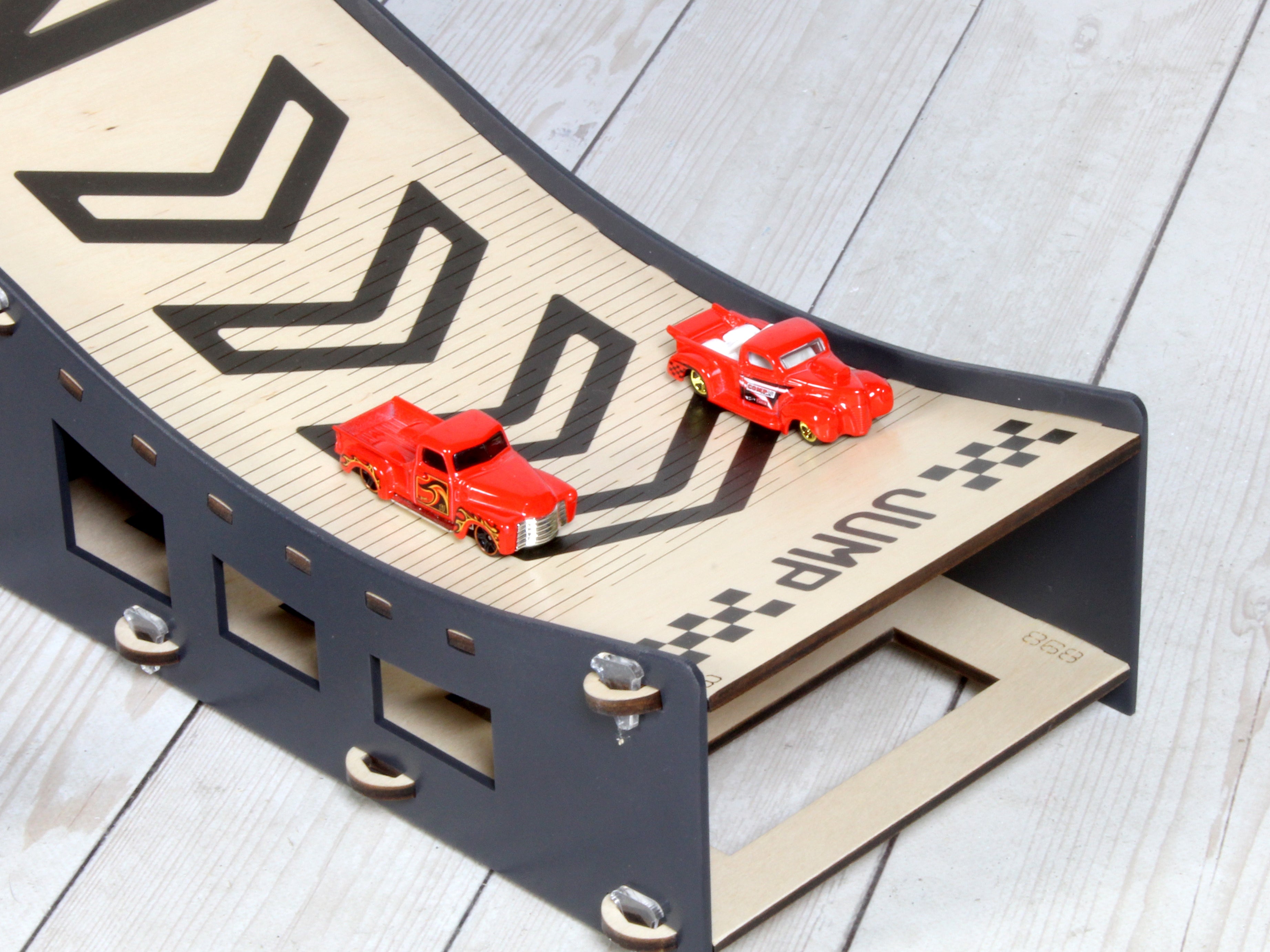 Personalized Wooden Toy Car Ramp | 1:64 Scale Kids Race Track & Storage Organizer