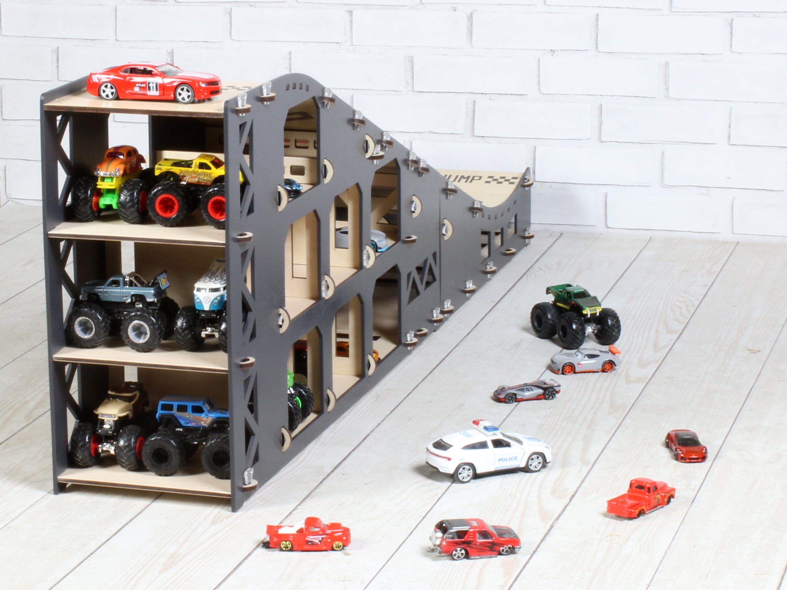 Personalized Wooden Toy Car Ramp | 1:64 Scale Kids Race Track & Storage Organizer