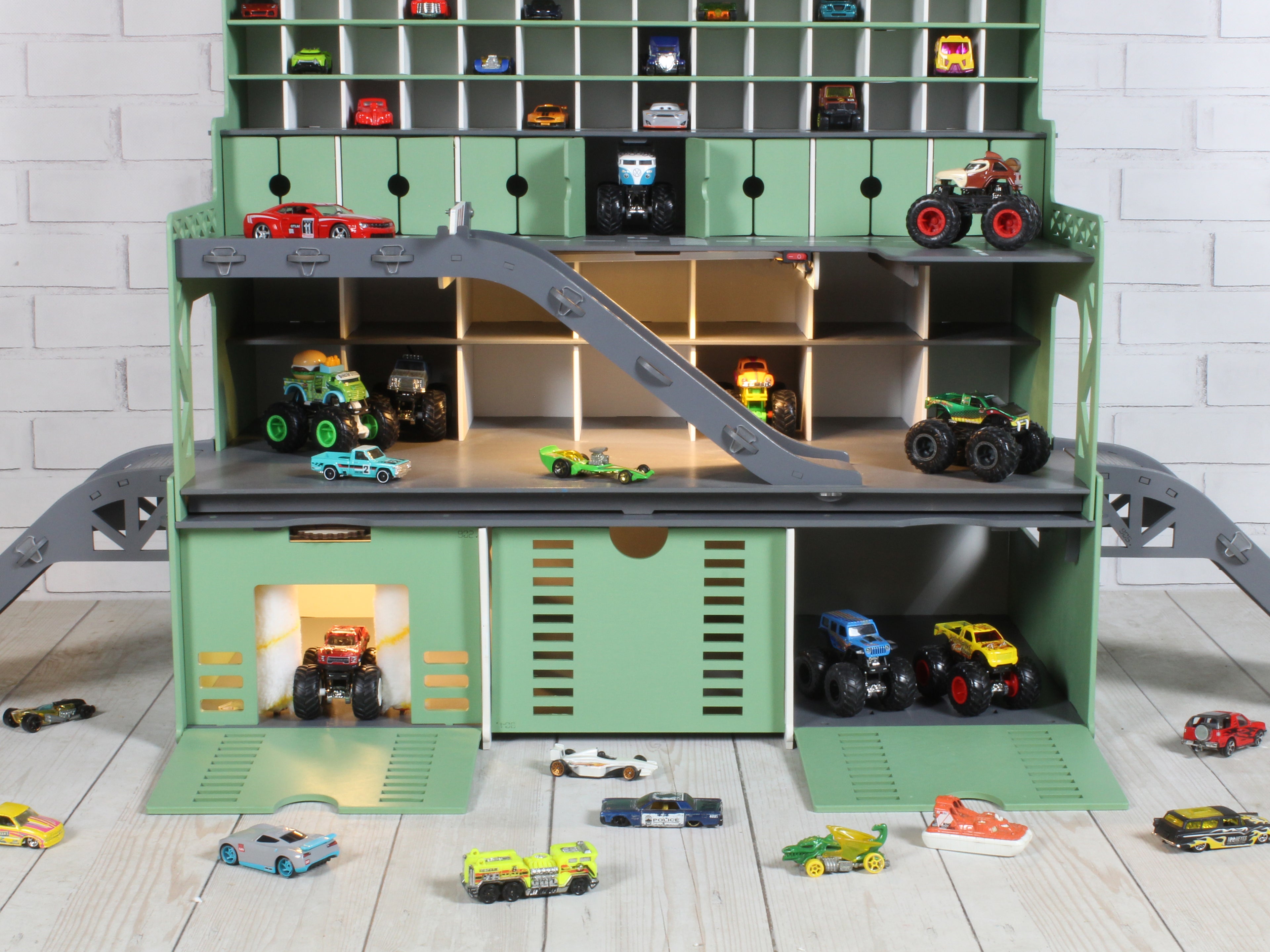 Ready-Made Birch Wooden Toy Garage 94 Slots | LED, Car Wash & Nameplate Included
