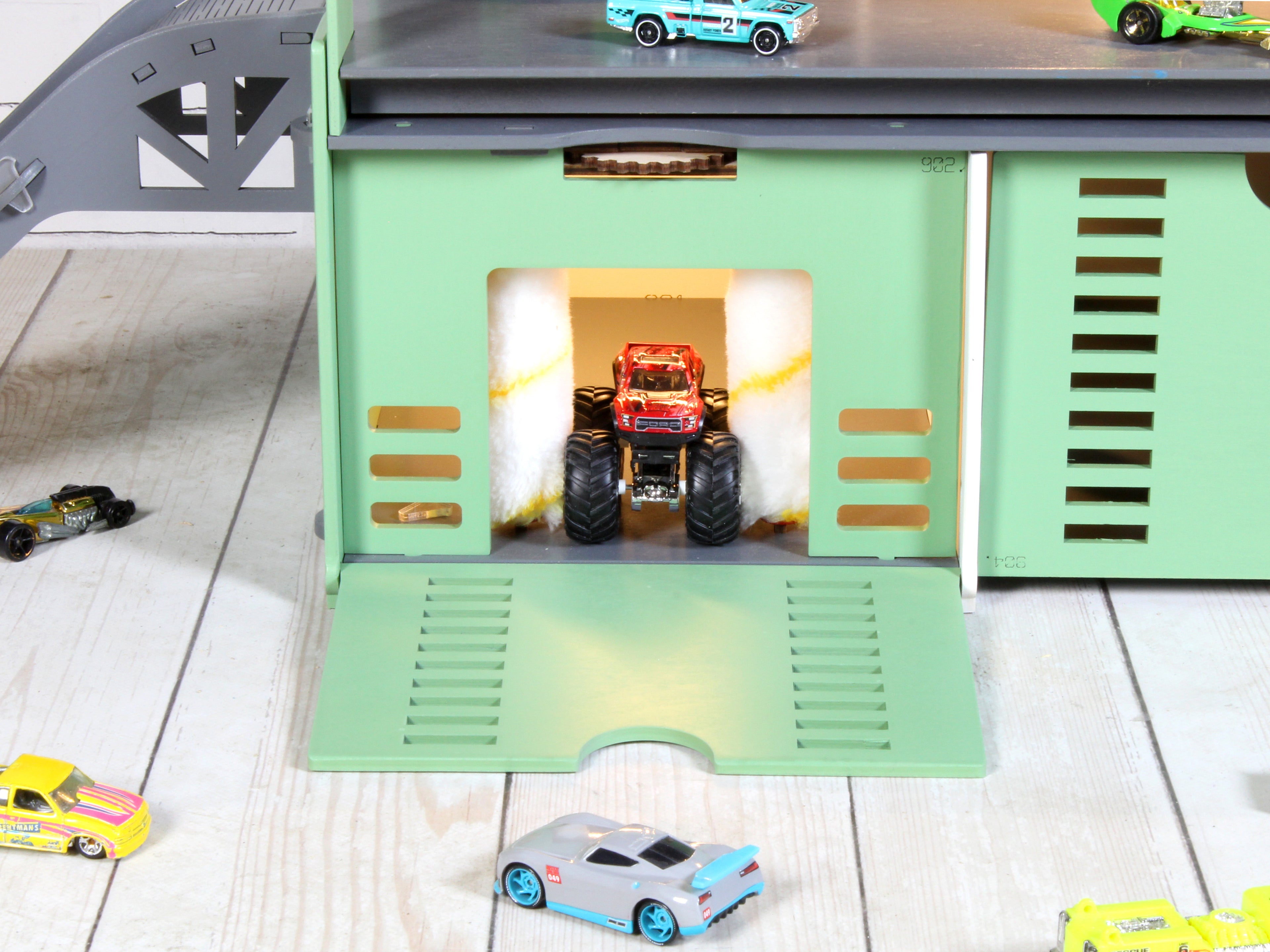 Ready-Made Birch Wooden Toy Garage 94 Slots | LED, Car Wash & Nameplate Included