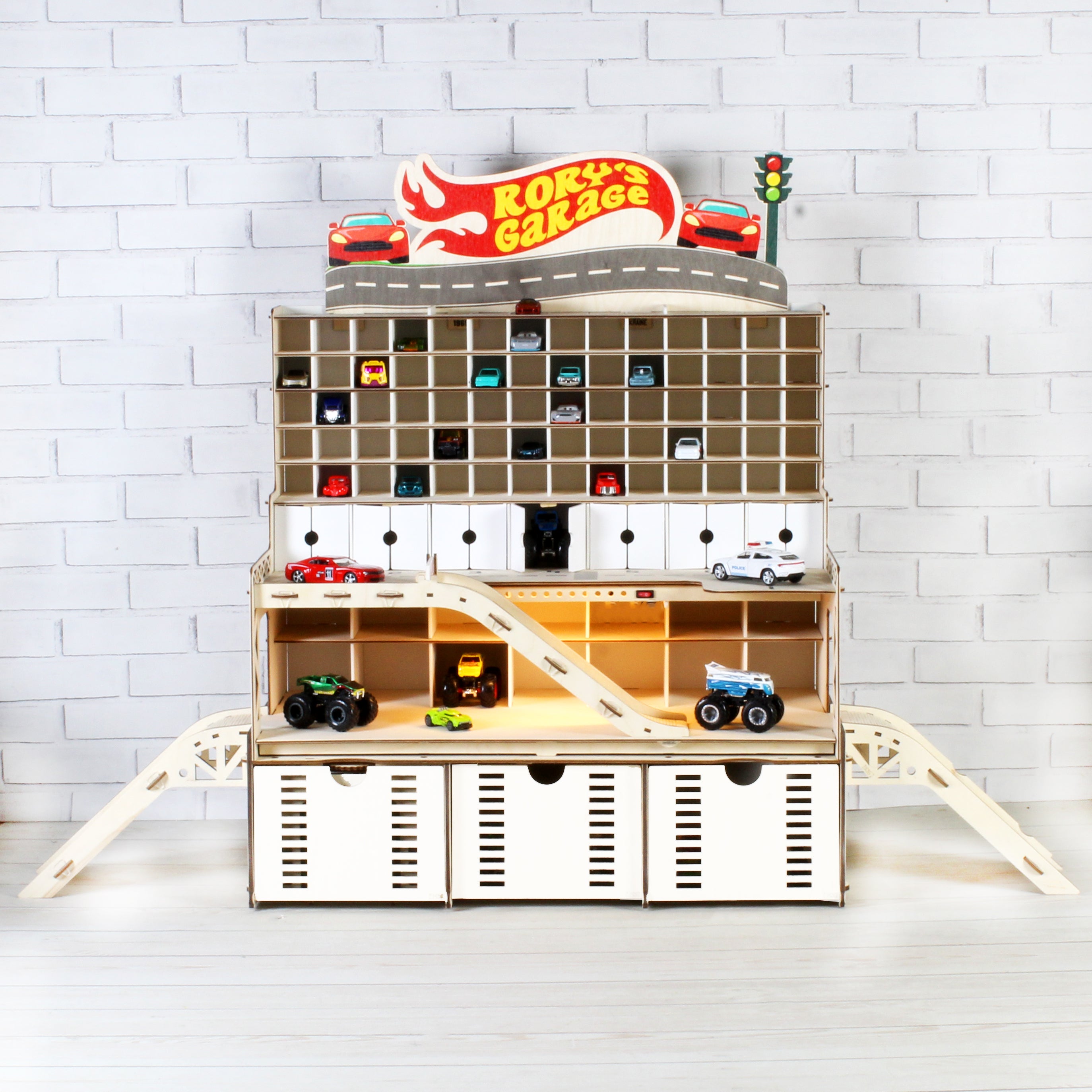 Ready-Made Wooden Toy Car Garage 94 Slots | Birch, LED, Car Wash & Nameplate