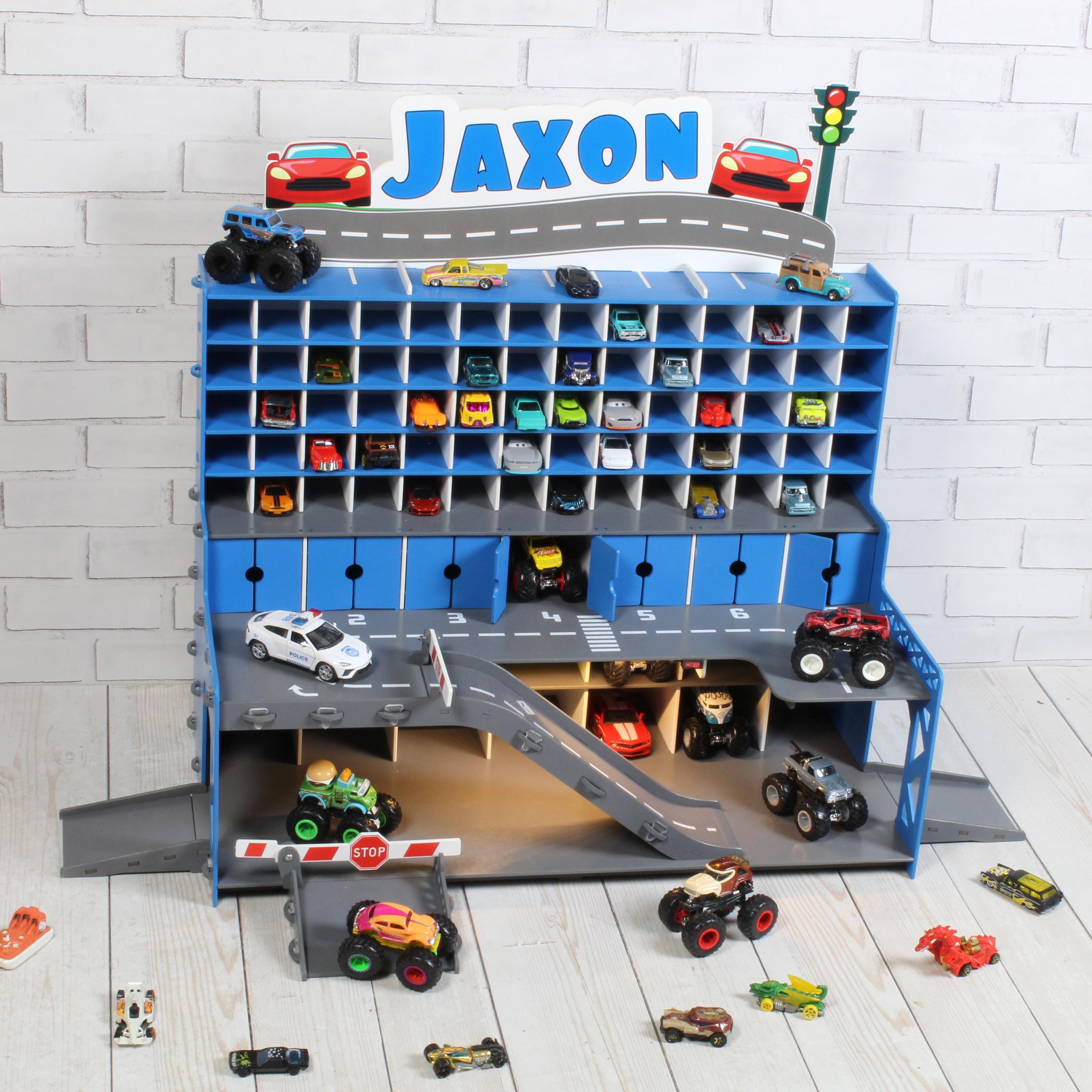 Wooden Toy Car Garage 91 Slots | 1:64 Diecast Storage Display with LED & Nameplate