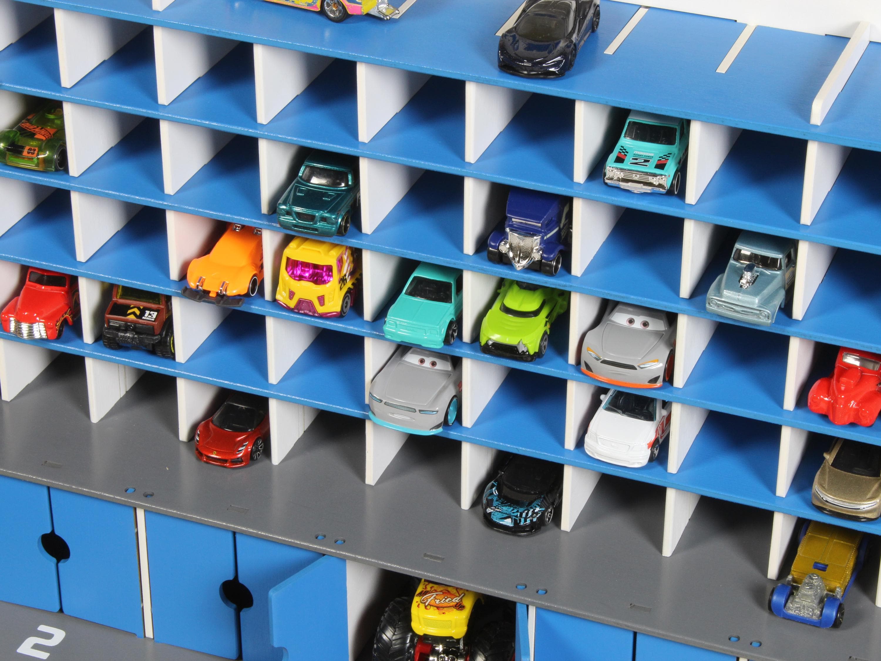 Wooden Toy Car Garage 91 Slots | 1:64 Diecast Storage Display with LED & Nameplate