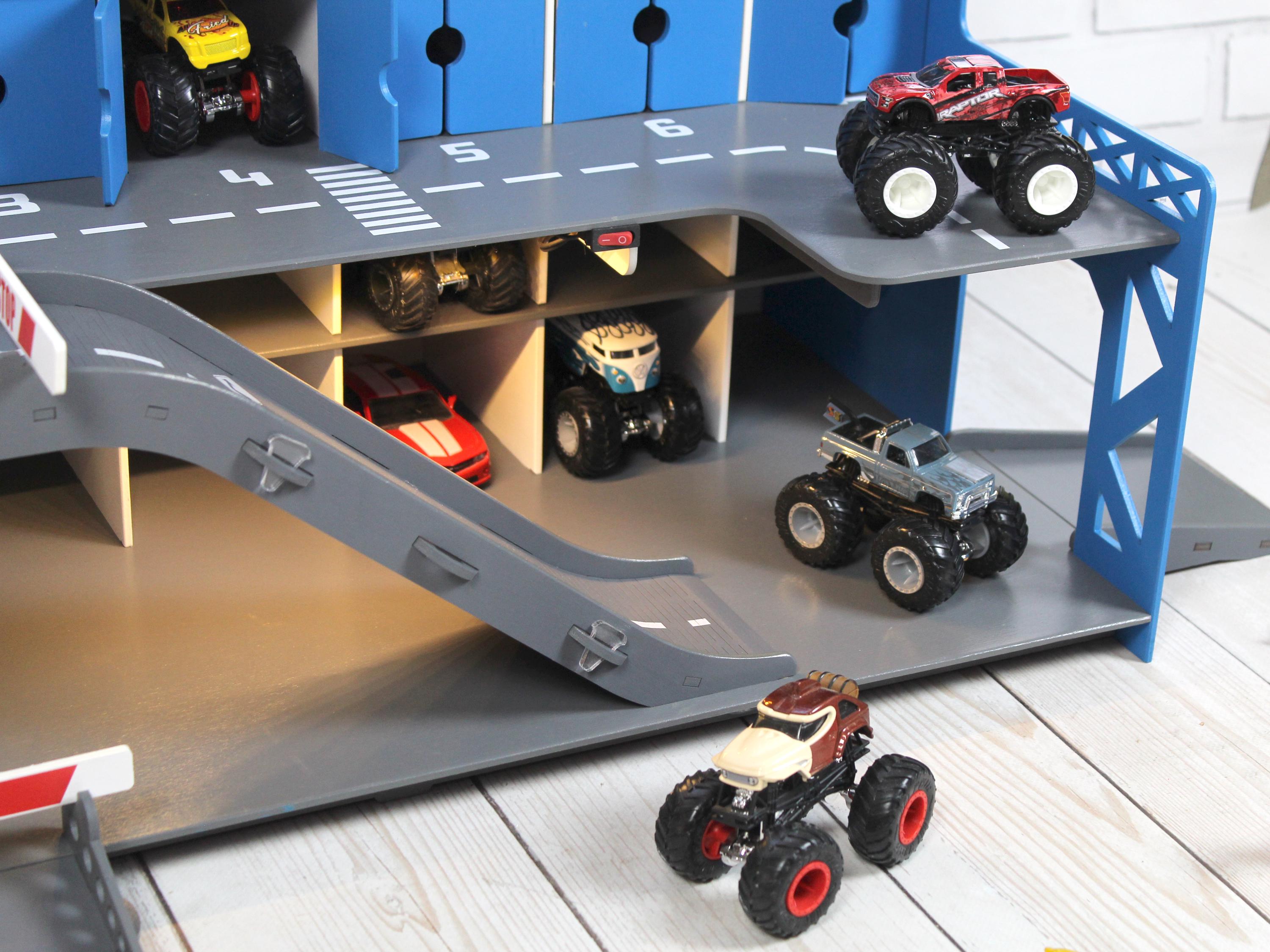 Wooden Toy Car Garage 91 Slots | 1:64 Diecast Storage Display with LED & Nameplate