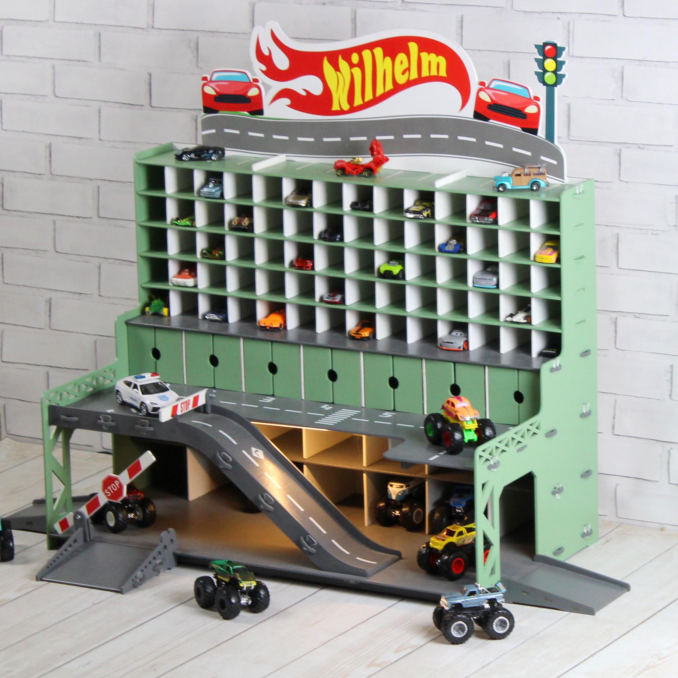 Wooden Car Garage 91 Slots 1:64 Scale | Hot Wheels Storage with Ramps & LED Option