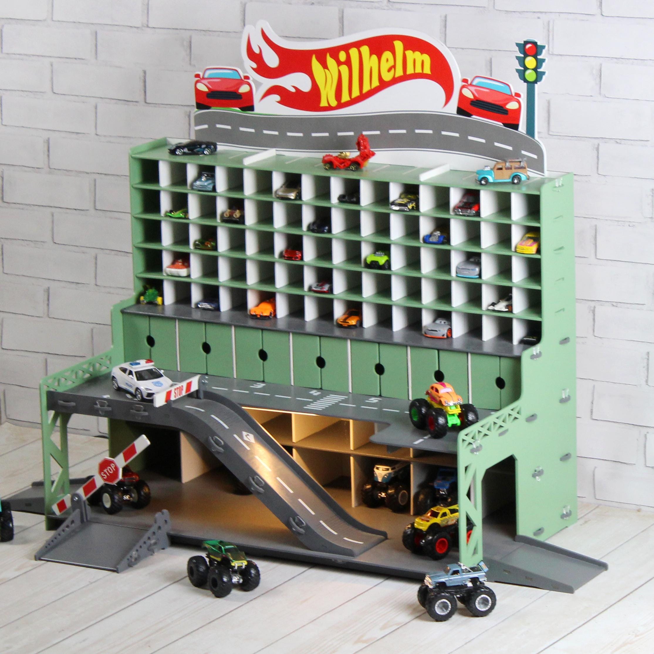 Wooden Car Garage 91 Slots 1:64 Scale | Hot Wheels Storage with Ramps & LED Option