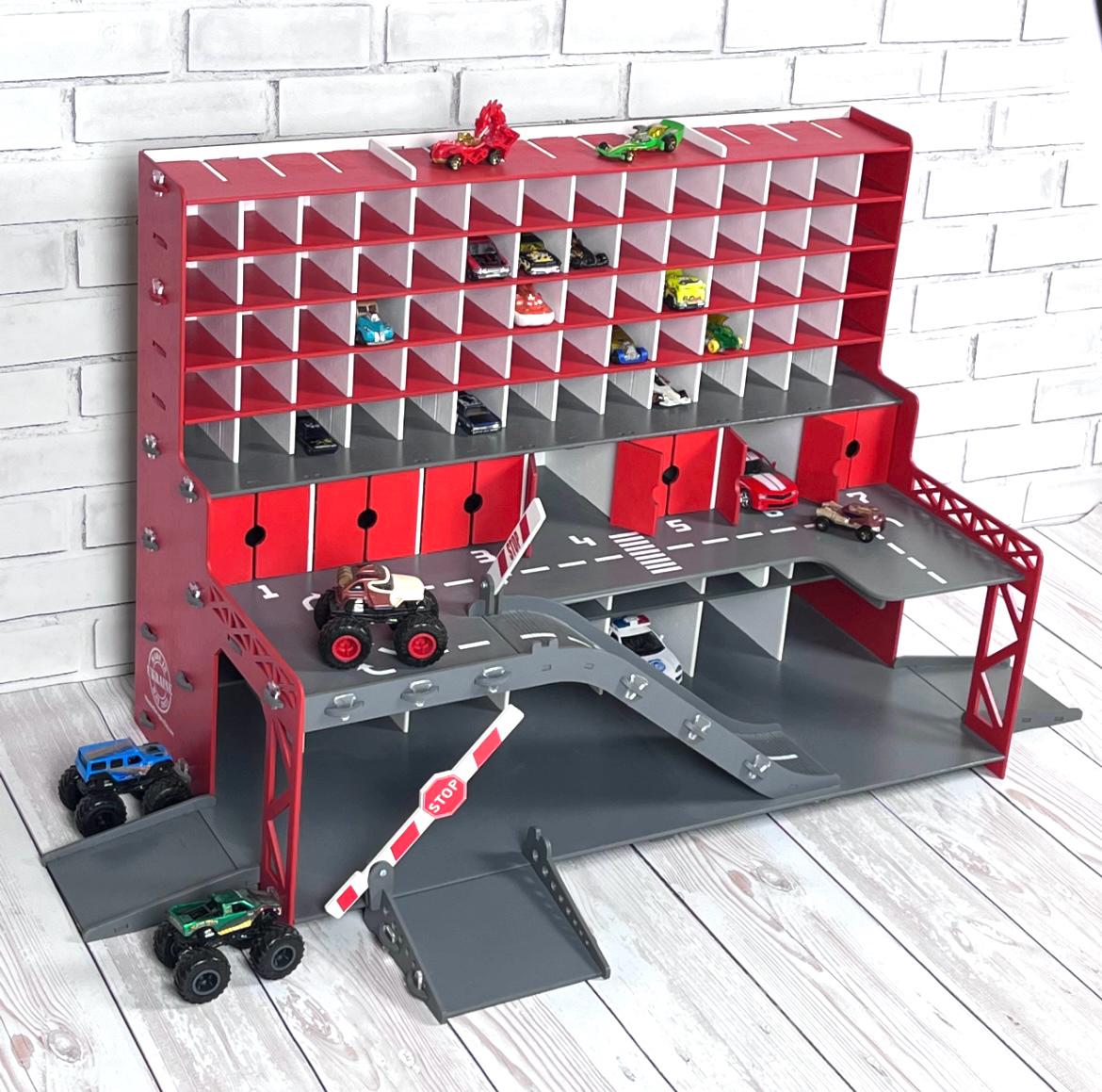 Wooden Toy Car Garage Organizer 91 Slots | 1:64 Diecast Display with Ramps & LED