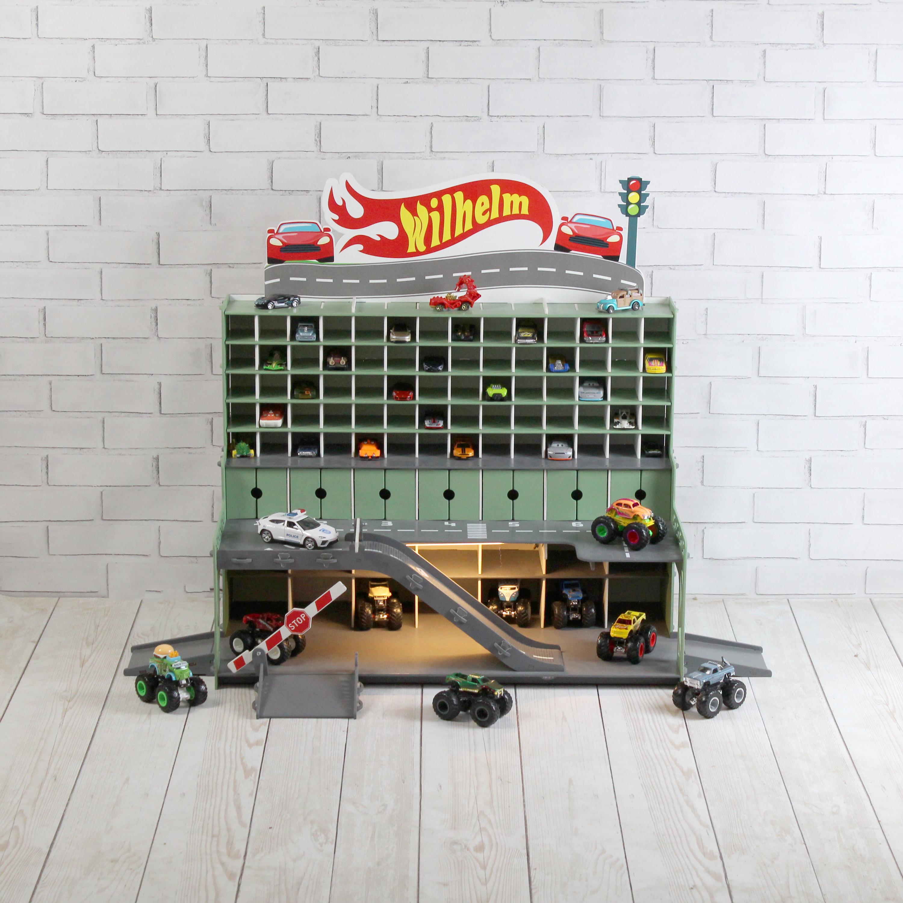 Wooden Car Garage 91 Slots 1:64 Scale | Hot Wheels Storage with Ramps & LED Option