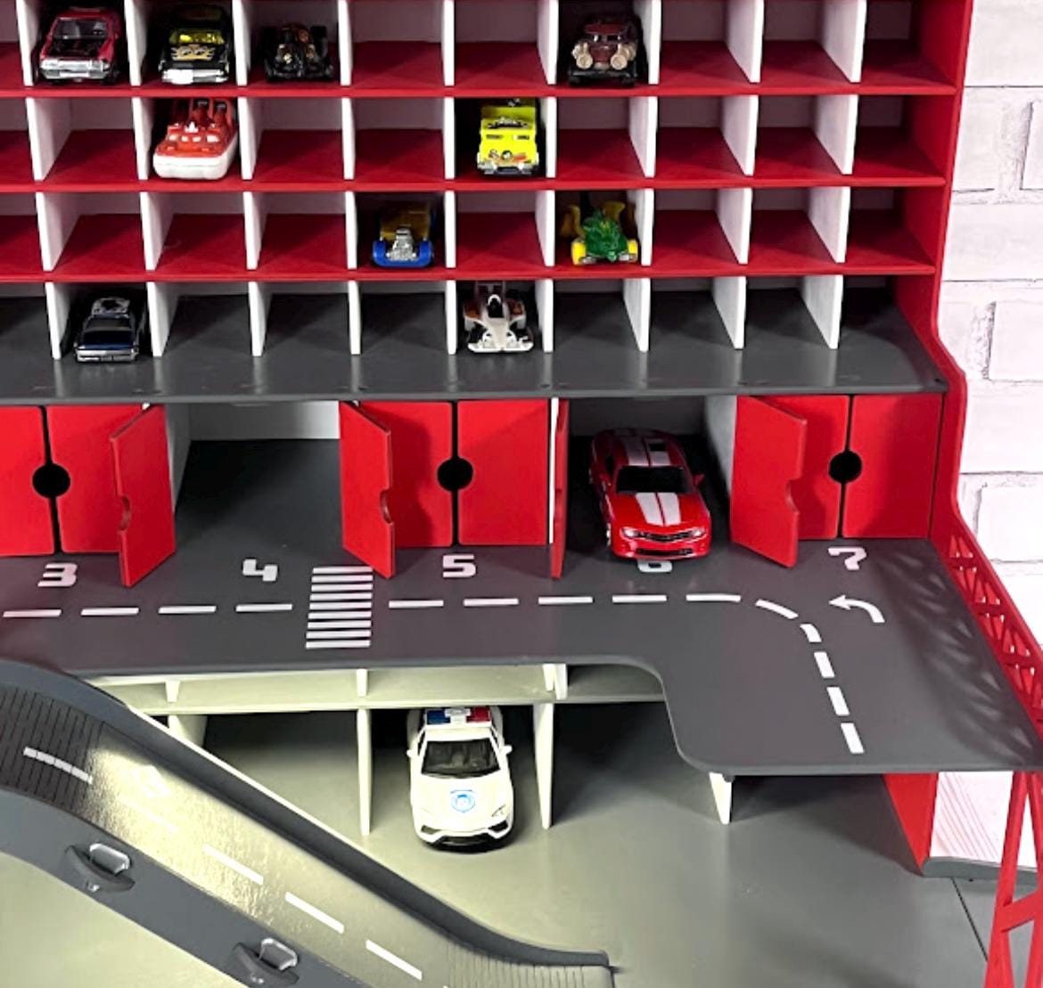 Wooden Toy Car Garage Organizer 91 Slots | 1:64 Diecast Display with Ramps & LED