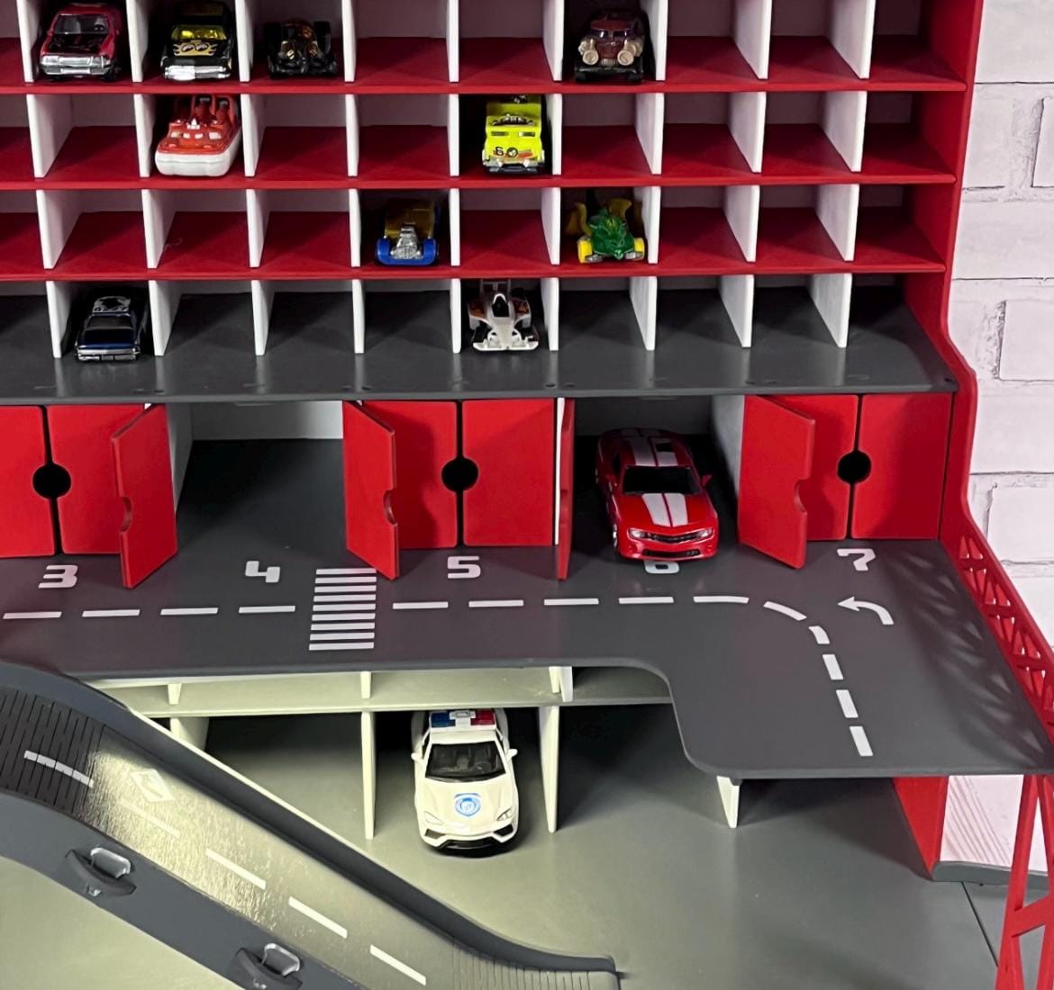 Wooden Toy Car Garage Organizer 91 Slots | 1:64 Diecast Display with Ramps & LED