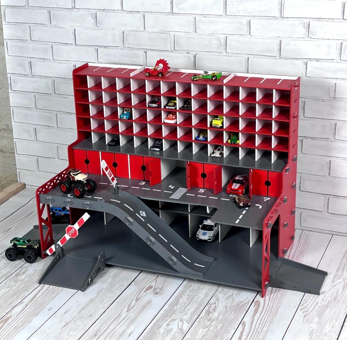 Wooden Toy Car Garage Organizer 91 Slots | 1:64 Diecast Display with Ramps & LED