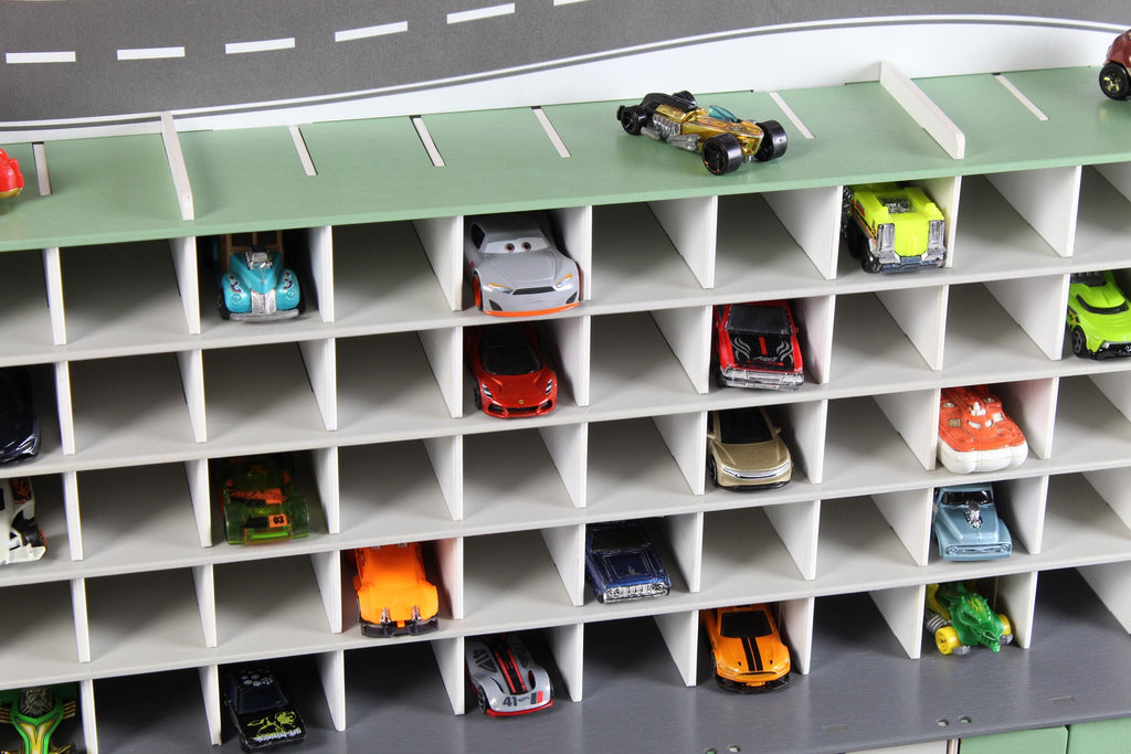 Upper section of mint wooden toy car storage garage with shelves for 1:64 diecast cars