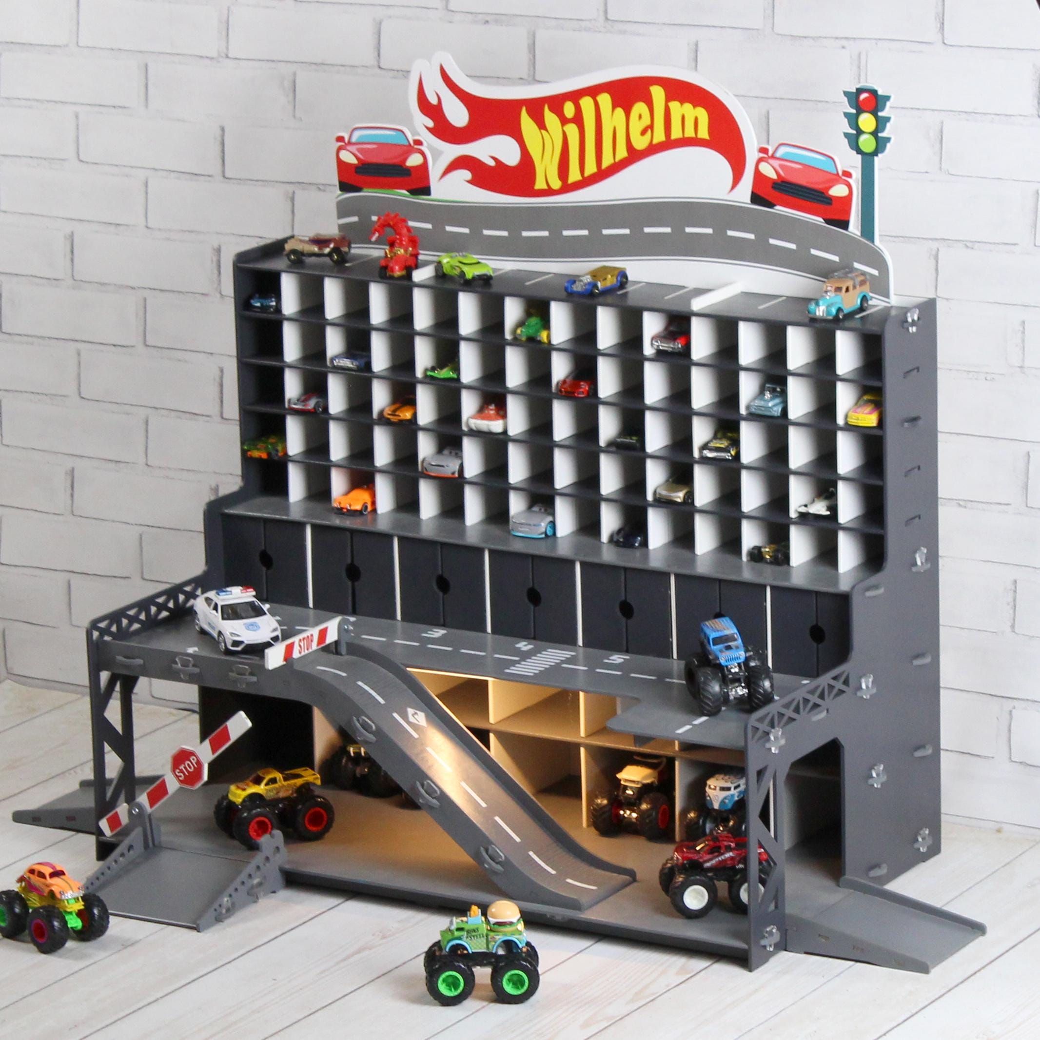 Graphite Wooden Toy Car Garage 91 Slots | 1:64 Scale Display with LED & Nameplate