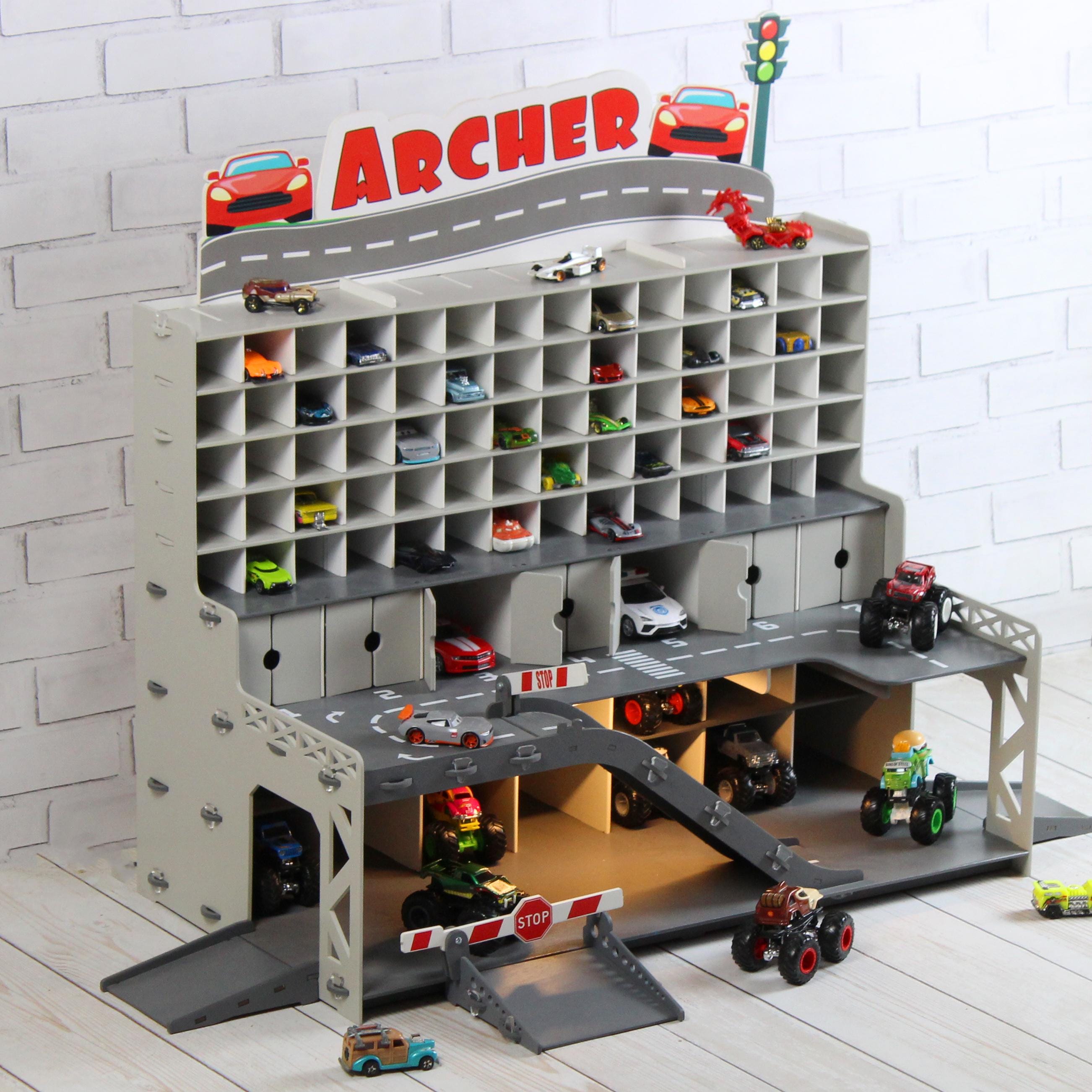 Wooden Toy Car Garage 91 Slots | 1:64 Scale Display with Ramps & Optional LED