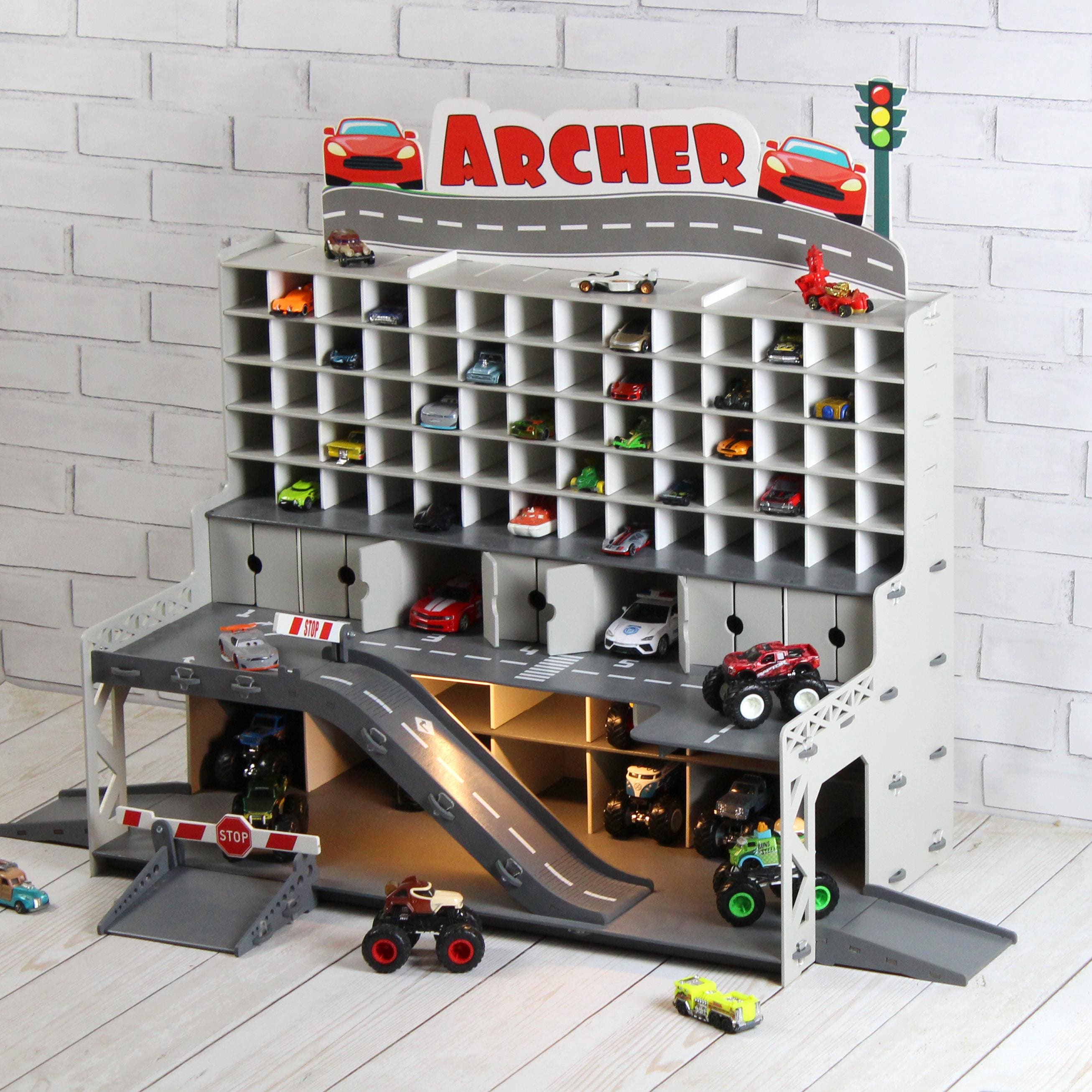 Wooden Toy Car Garage 91 Slots | 1:64 Scale Display with Ramps & Optional LED