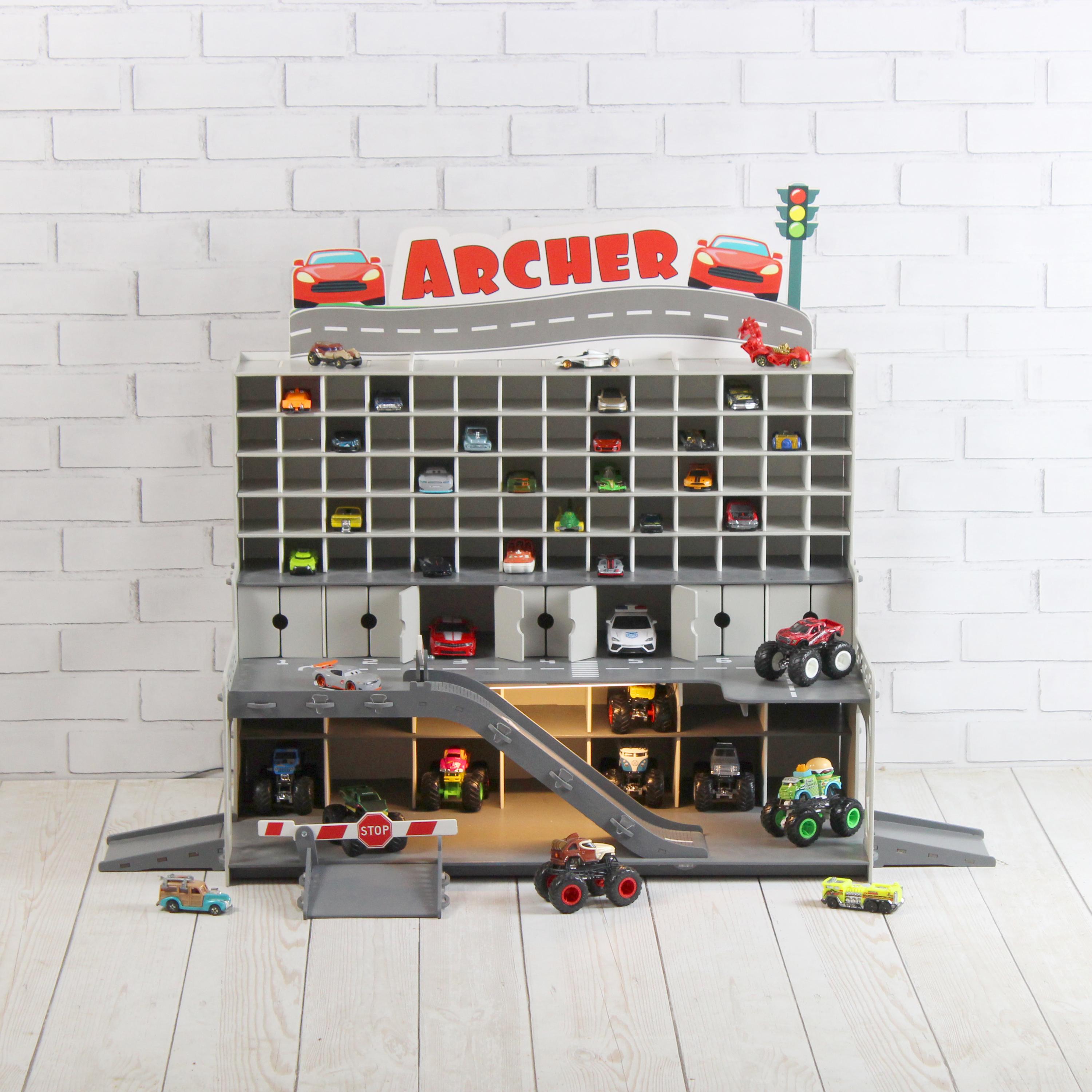 Wooden Toy Car Garage 91 Slots | 1:64 Scale Display with Ramps & Optional LED