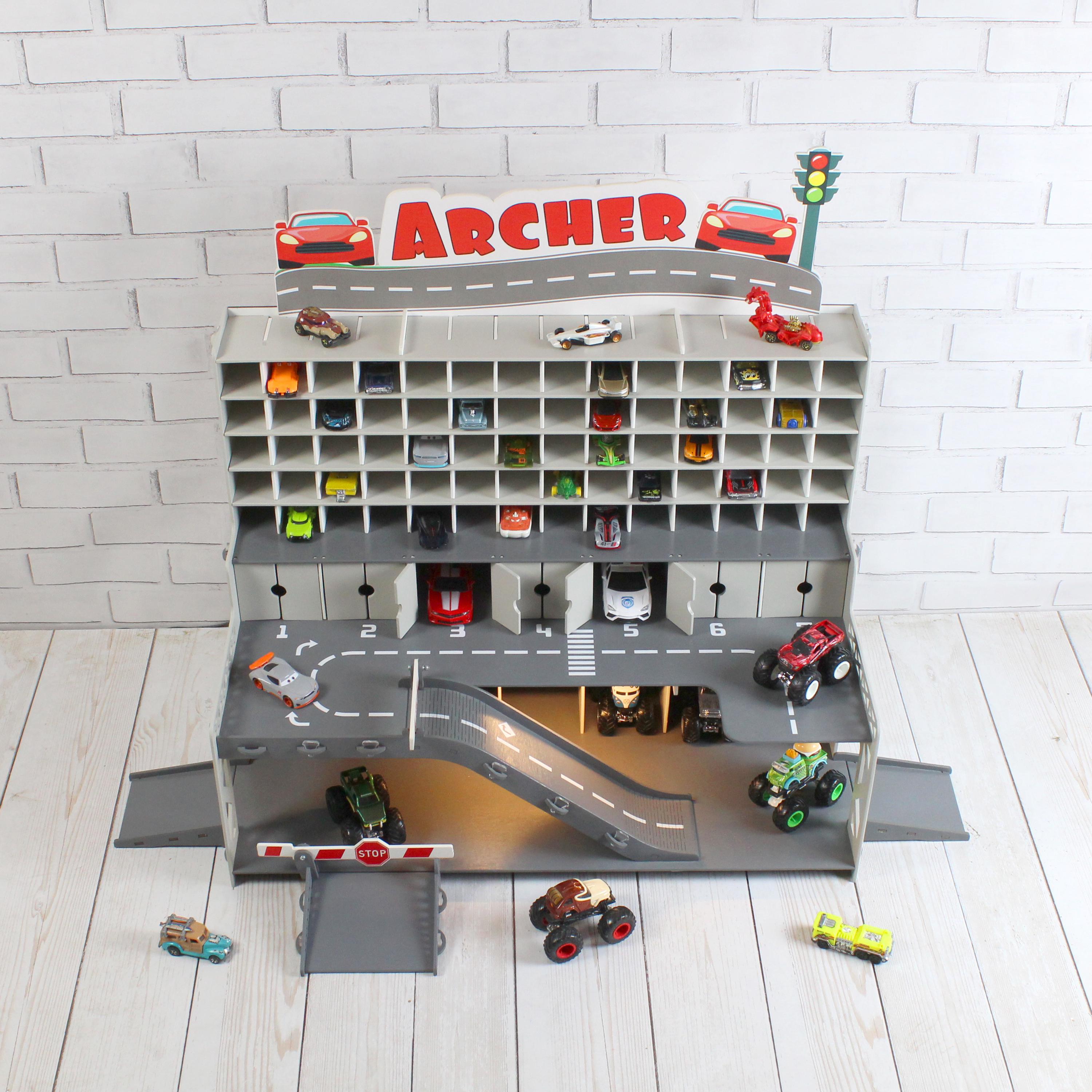 Wooden Toy Car Garage 91 Slots | 1:64 Scale Display with Ramps & Optional LED