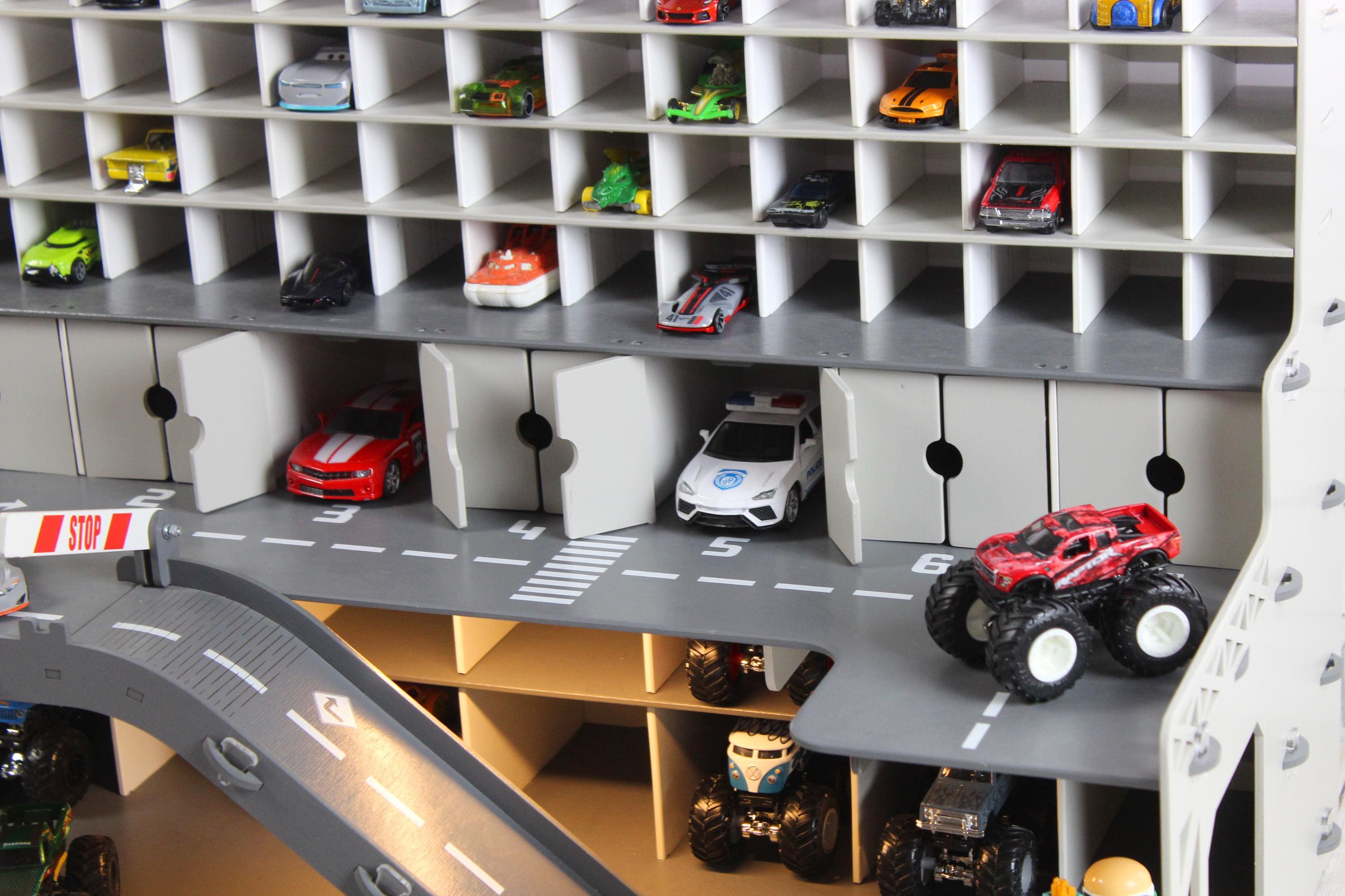 Wooden Toy Car Garage 91 Slots | 1:64 Scale Display with Ramps & Optional LED