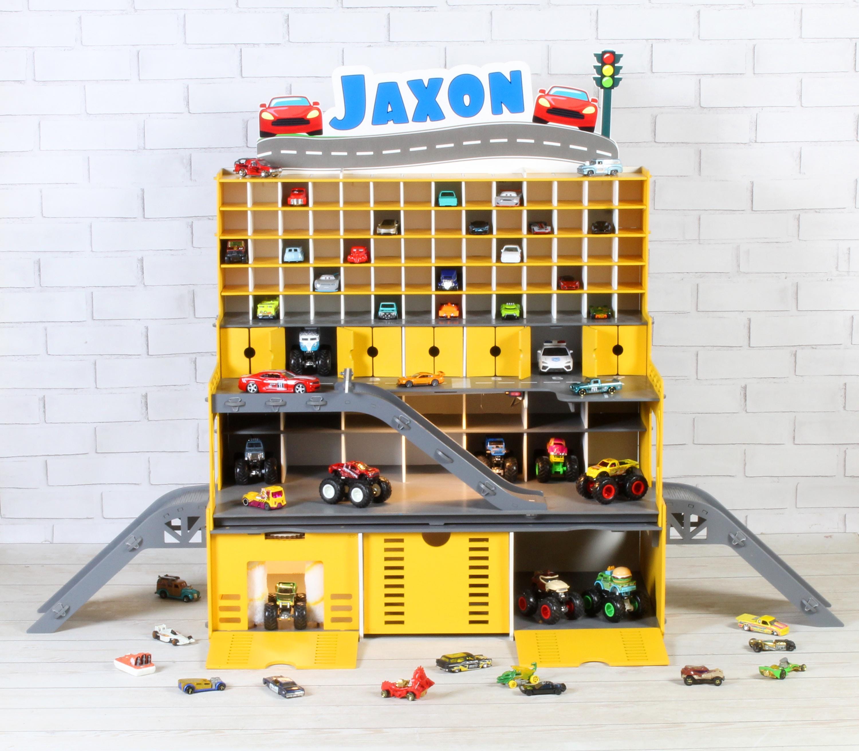 Wooden Toy Car Garage 94 Slots | 1:64 Scale Display with LED, Ramps & Car Wash