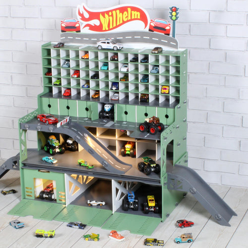Large Wooden Toy Car Garage 94 Slots | 1:64 Scale Display with LED & Car Wash