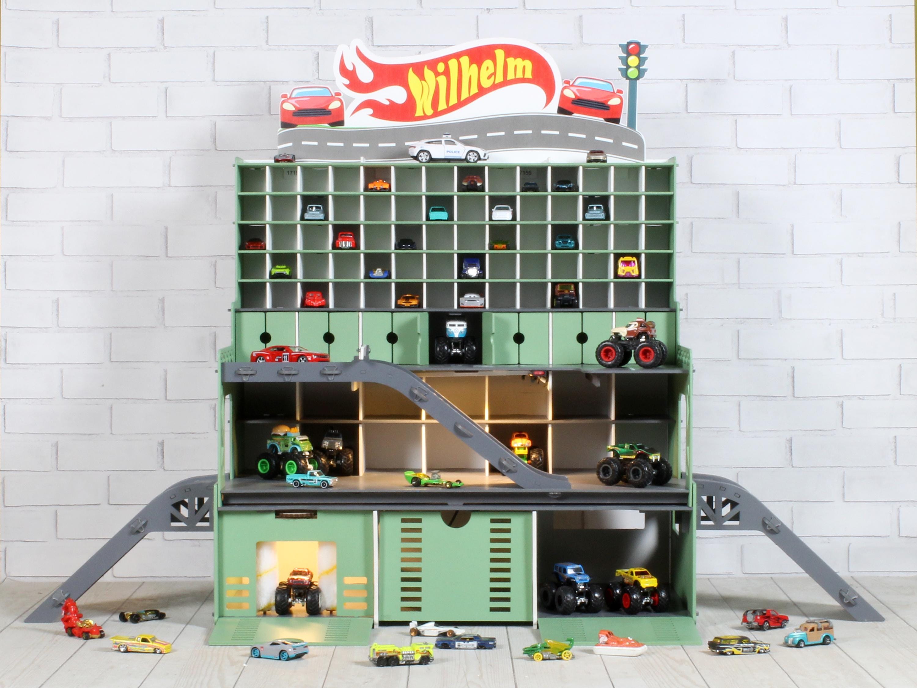 Ready-Made Birch Wooden Toy Garage 94 Slots | LED, Car Wash & Nameplate Included
