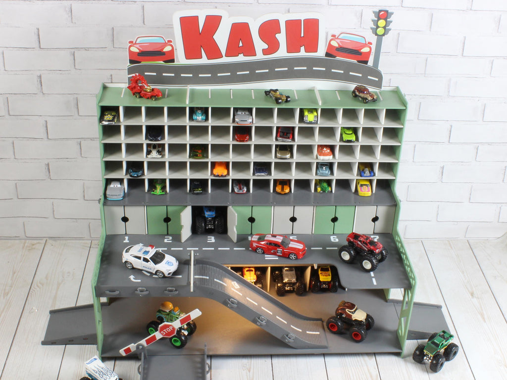 Front view of mint toy car parking garage with display shelves, ramp and LED lights
