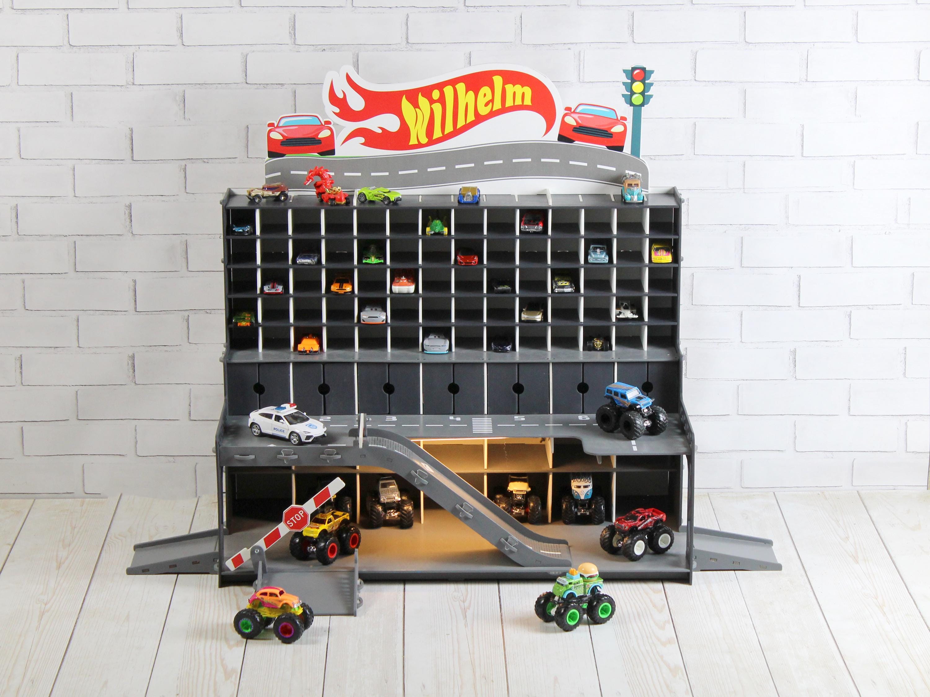 Graphite Wooden Toy Car Garage 91 Slots | 1:64 Scale Display with LED & Nameplate